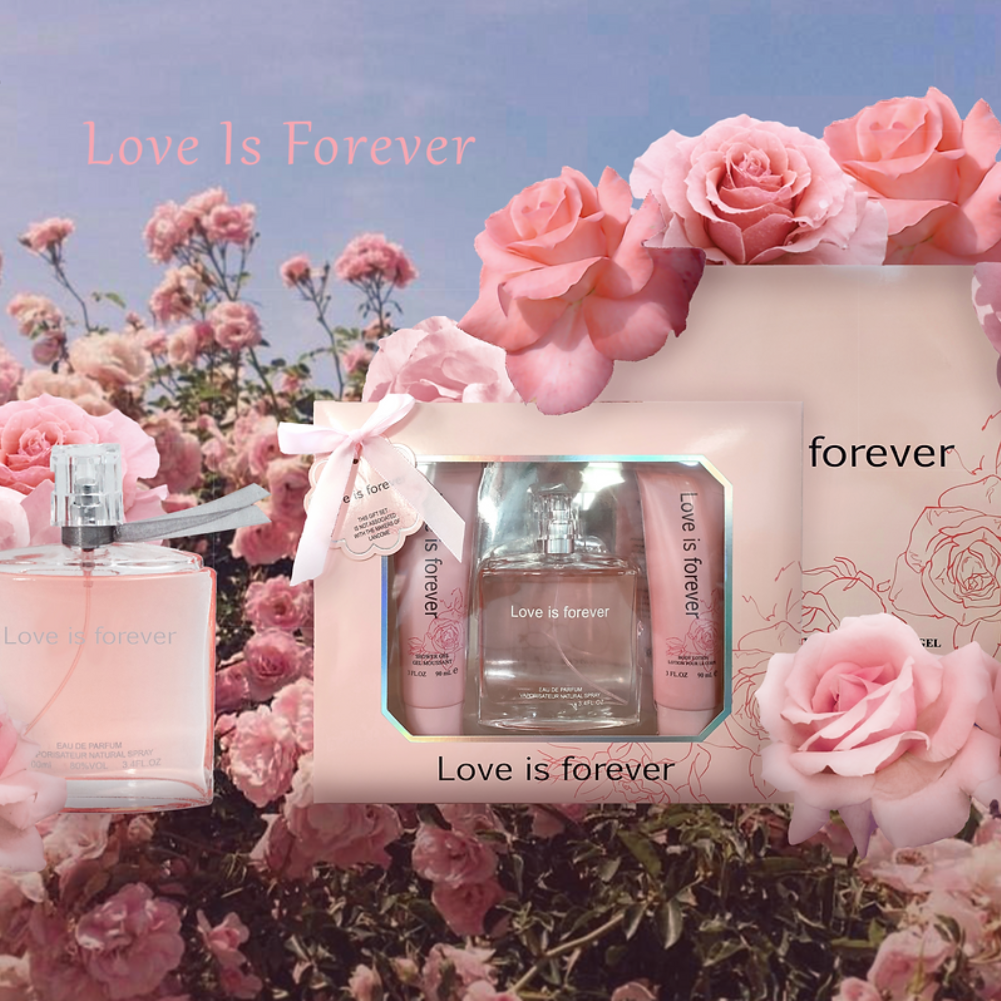 Perfume set with 'Love is Forever' packaging and pink roses in the background. This gift set is from EBC Collection perfumes.