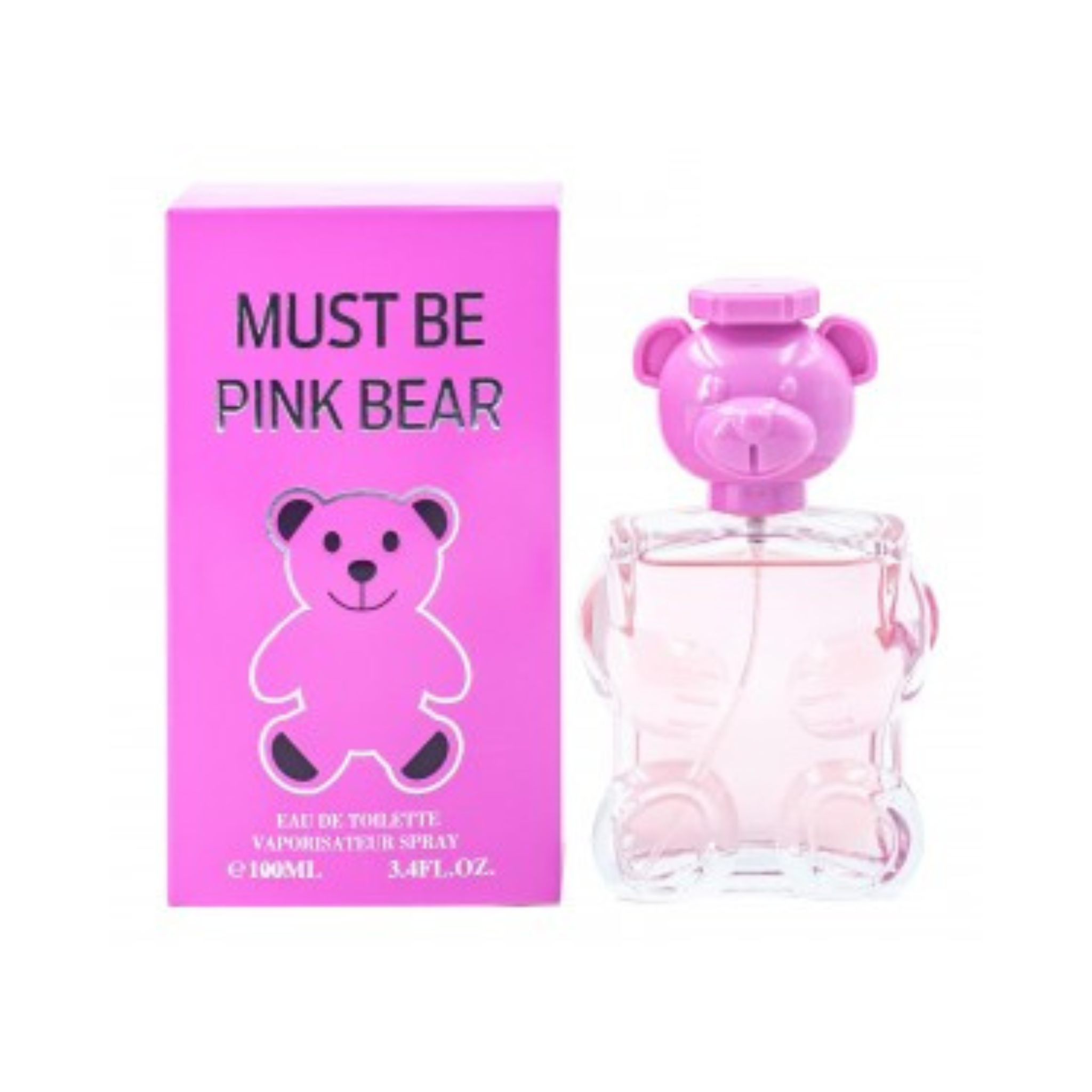 EBC Collection fragrance, Pink bear-shaped perfume bottle with matching packaging on a white background
