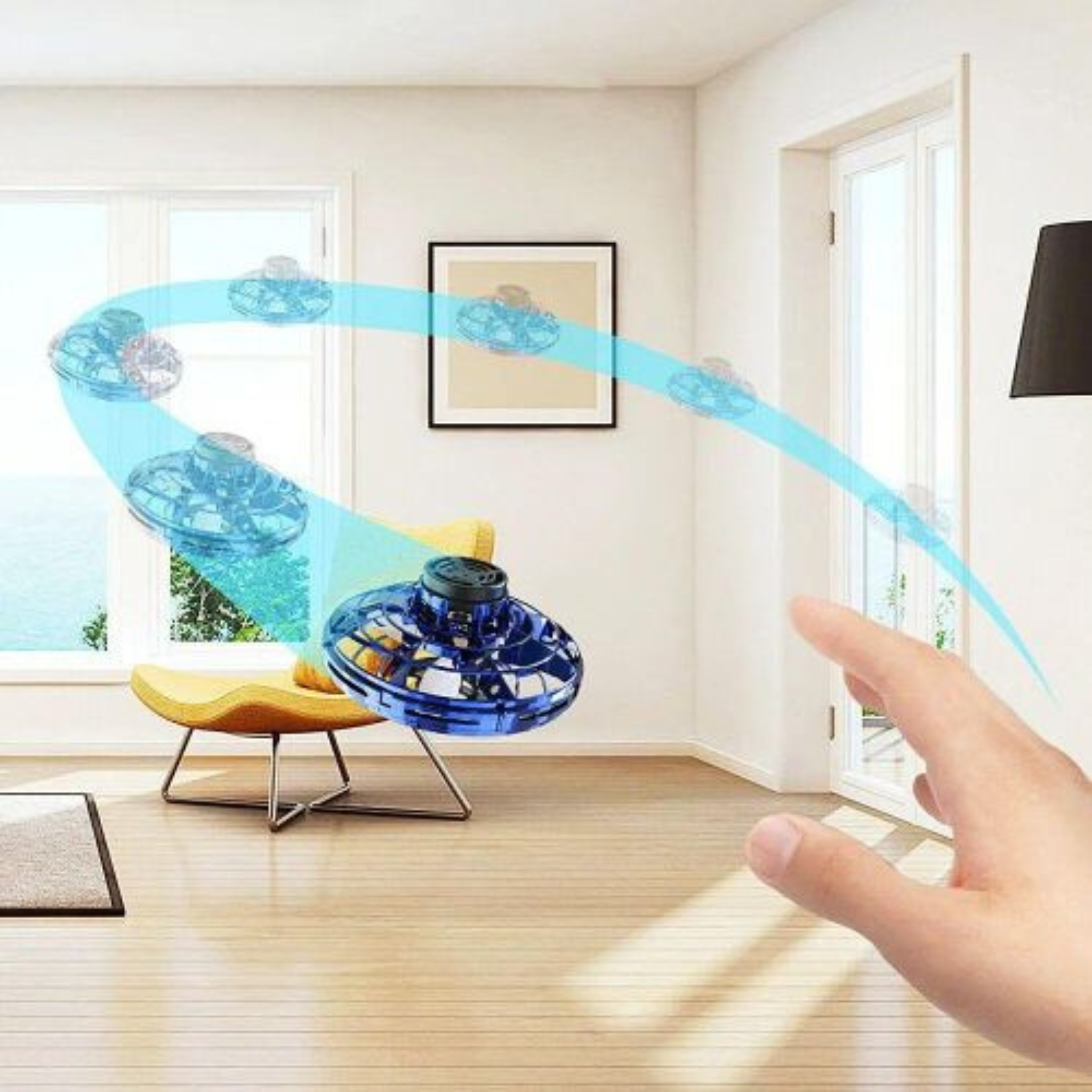 PTW Flying Saucer Play The World Blue spinner with energy wave effect in a room with a hand pointing at it