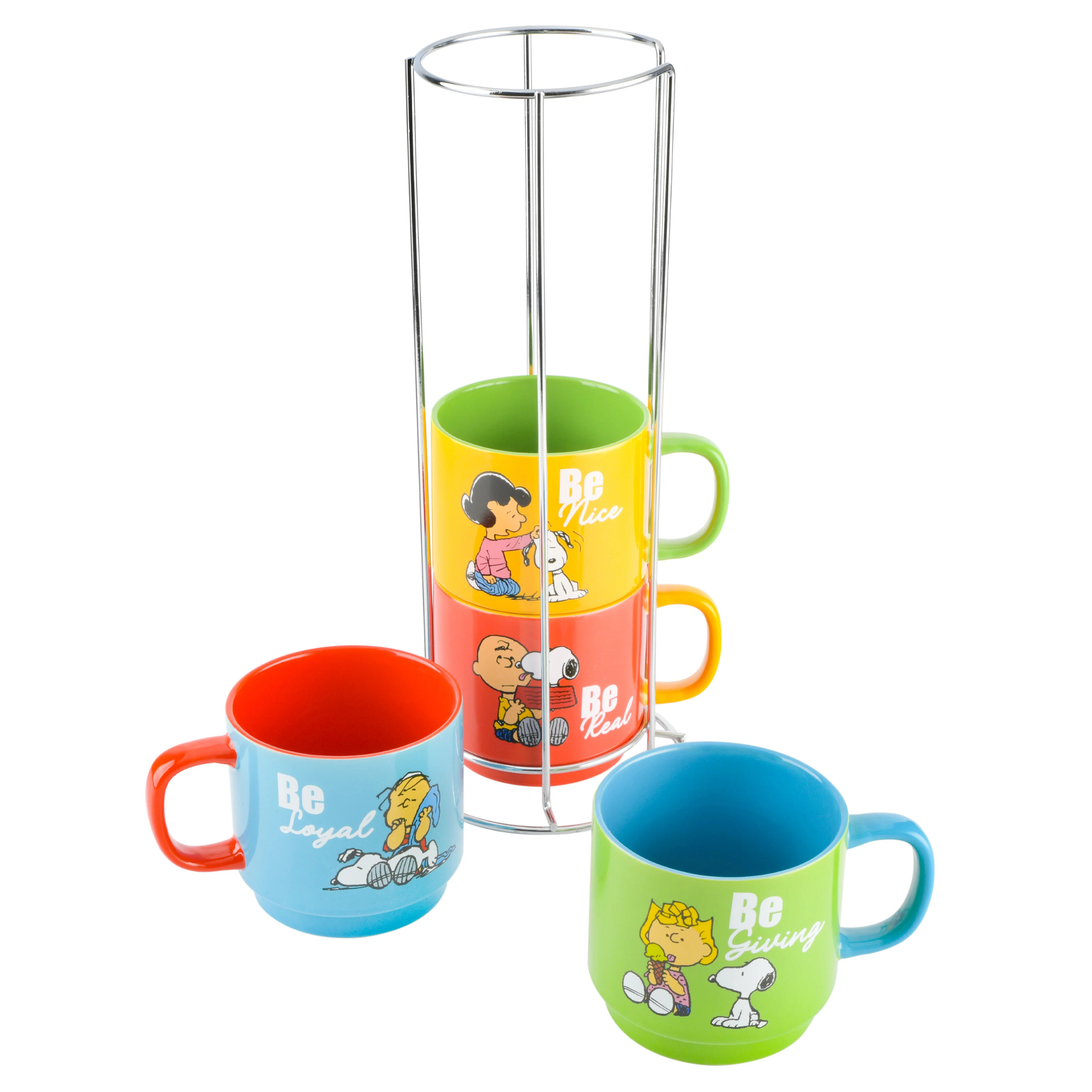 Set of colorful mugs with cartoon characters in a glass holder on a white background