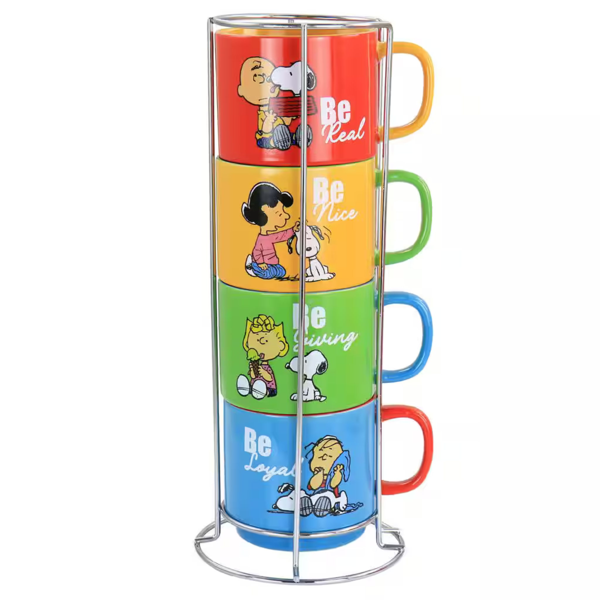 Stackable mugs with cartoon characters and motivational phrases in a stand on a white background