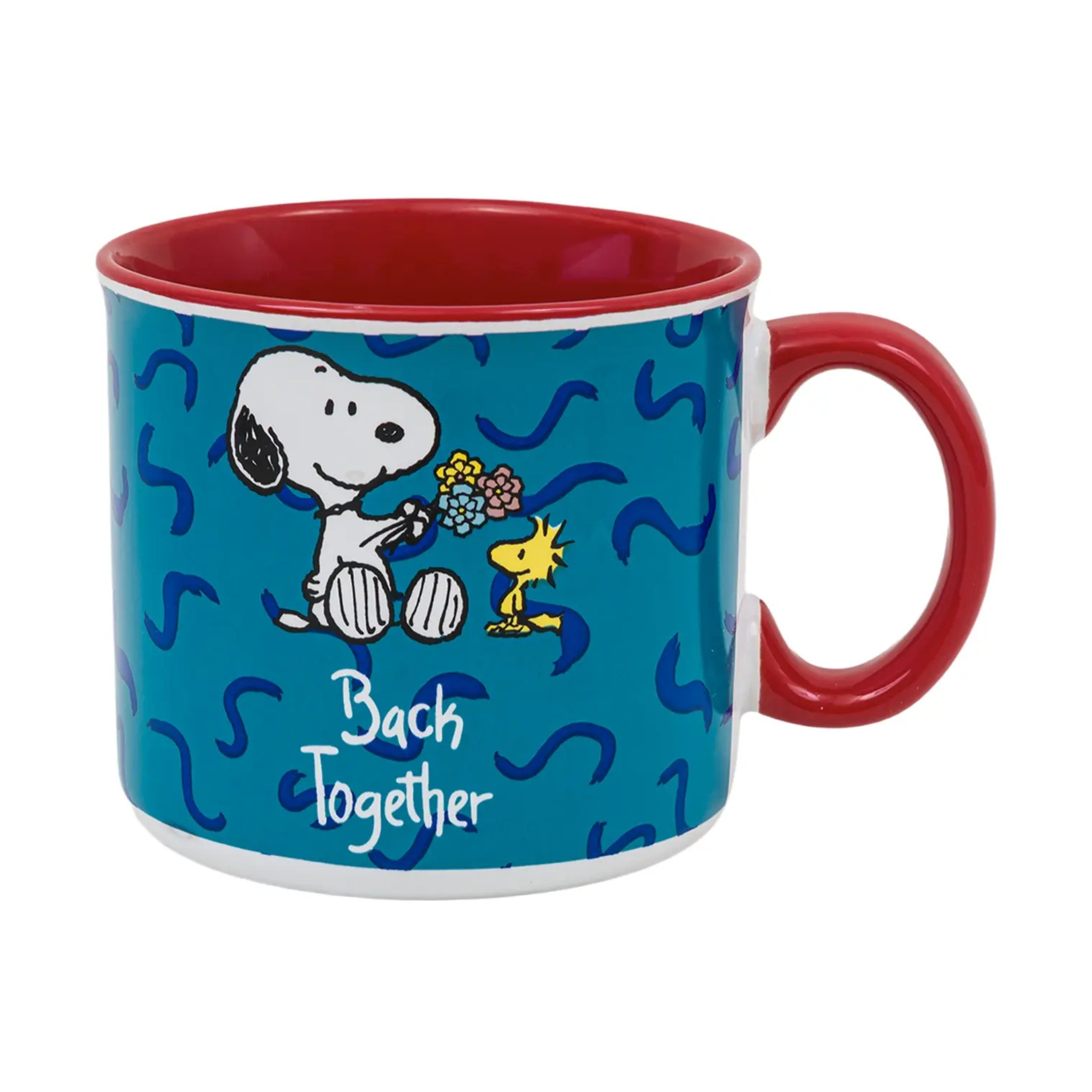 Mug with Snoopy and Woodstock design on a blue background with red interior and handle.
