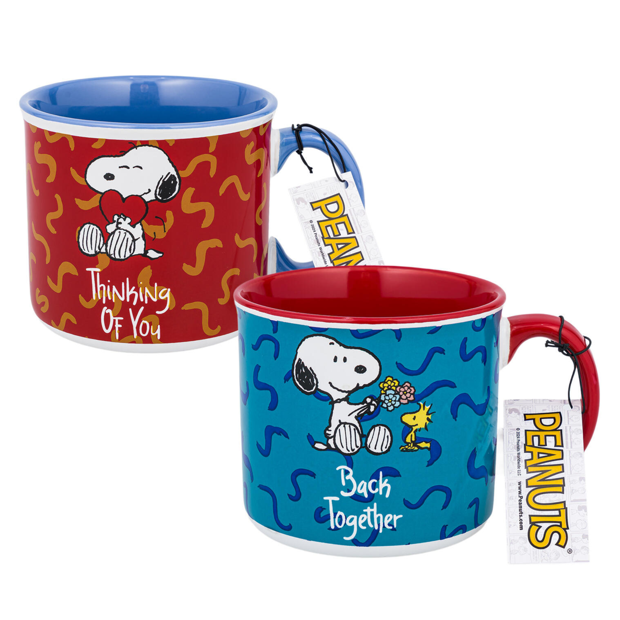 Two mugs with Snoopy designs and 'Peanuts' branding on a white background