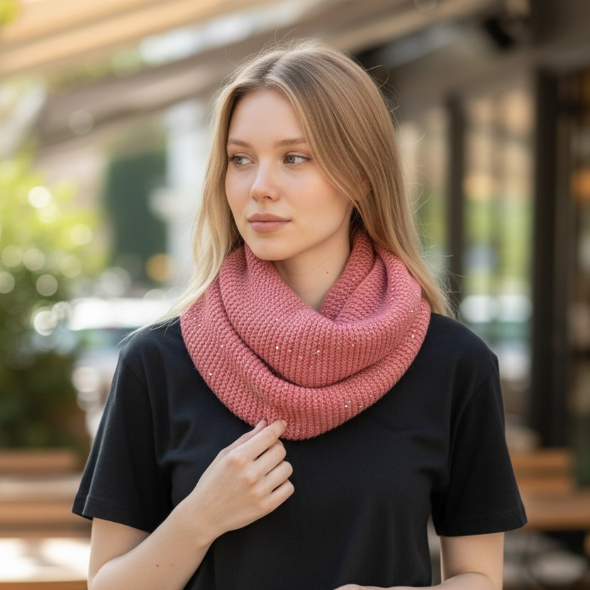 Woman wearing a pink scarf