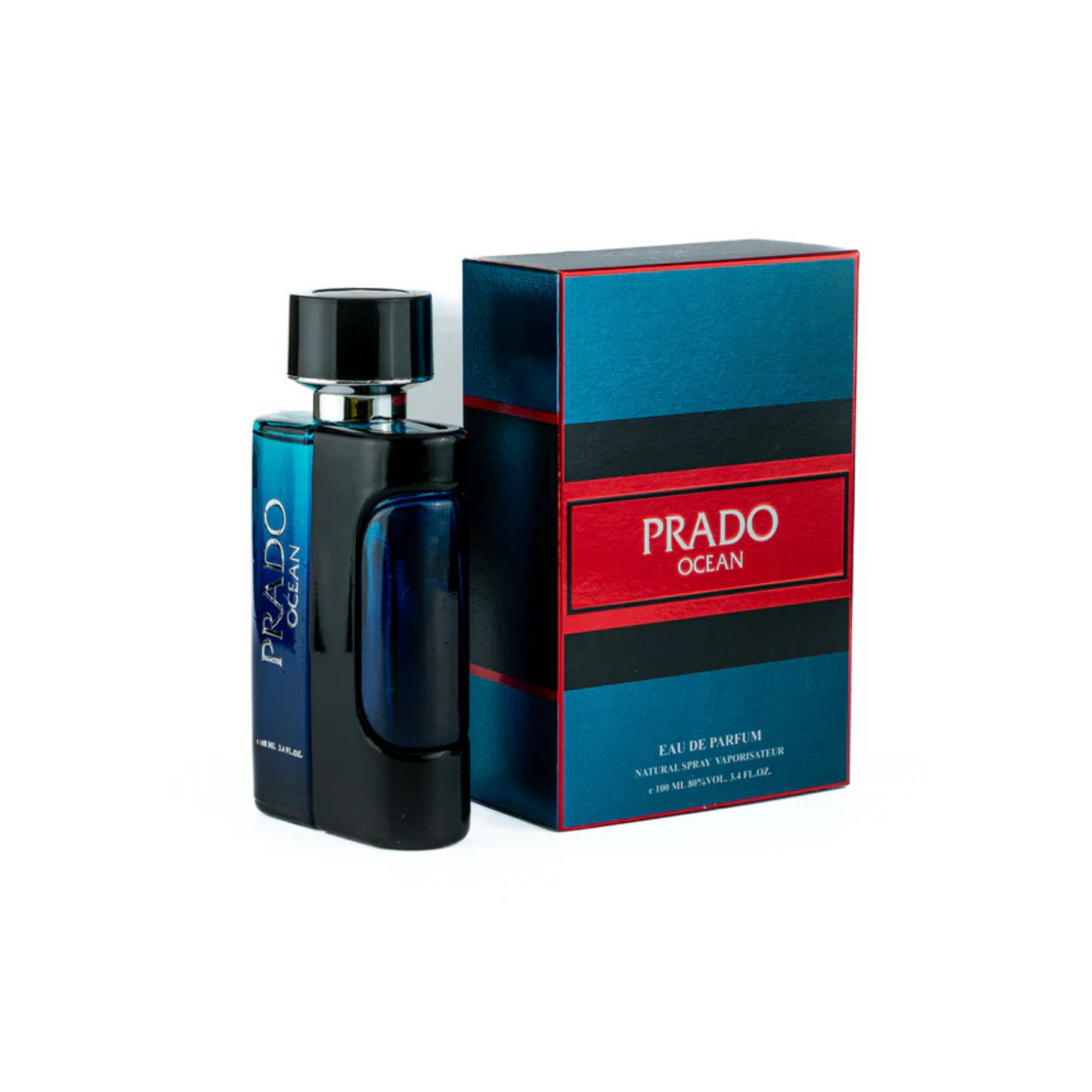Prado Ocean perfume bottle and packaging on a white background. This fragrance is from EBC Collection Brand.