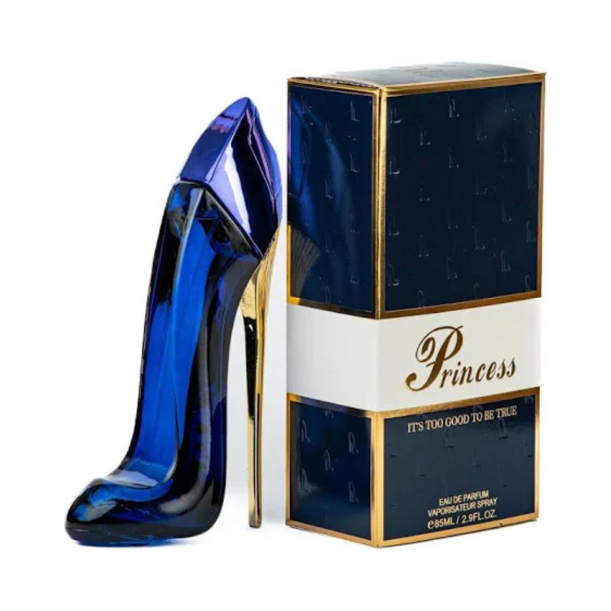 Princess Blue high-heeled shoe-shaped perfume bottle with matching box on a white background. This fragrance is called princess high heel blue from EBC Collection.