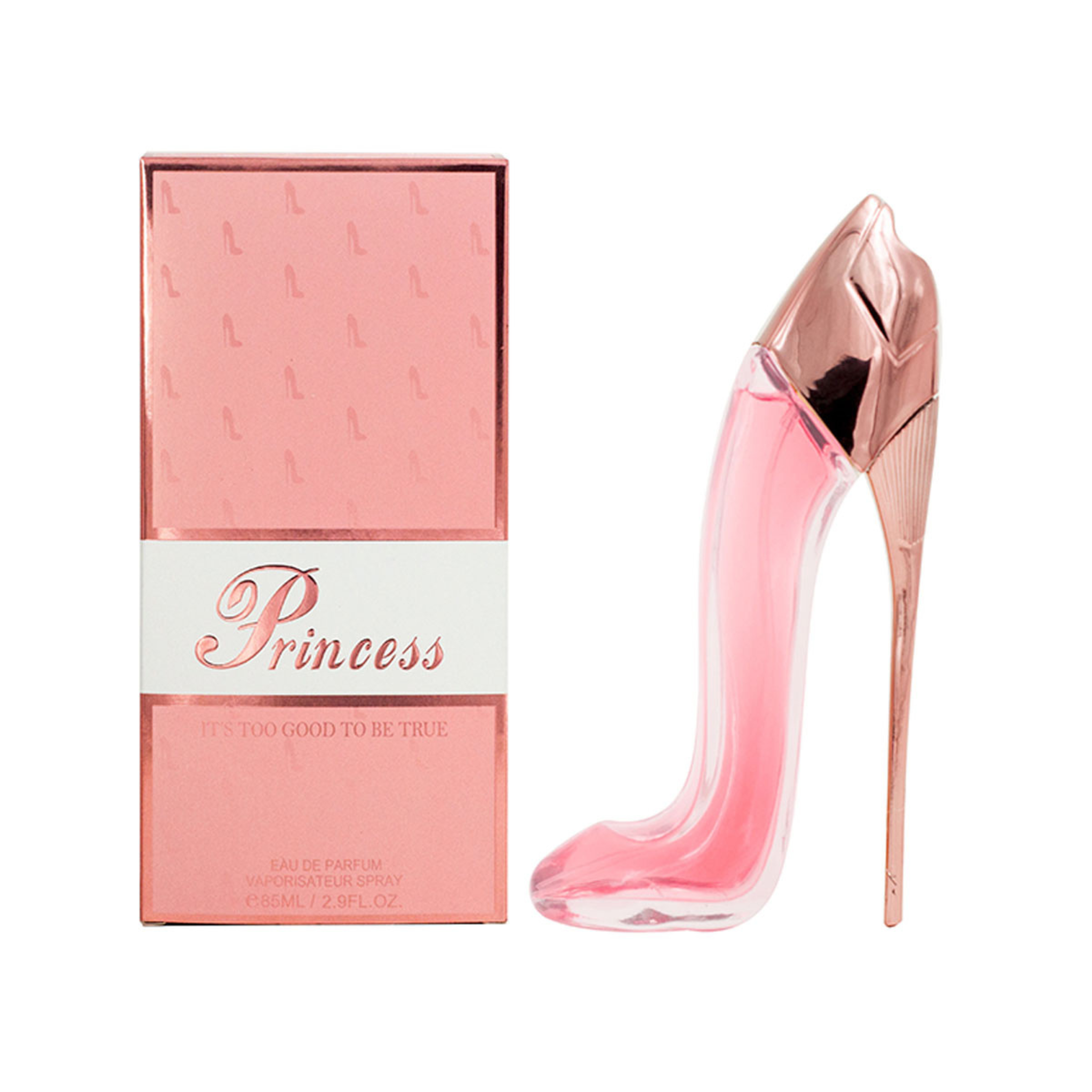 EBC Collection fragrance called Princess High Heel Pink Perfume. Perfume shaped as a High Heel next to its pink Packaging.