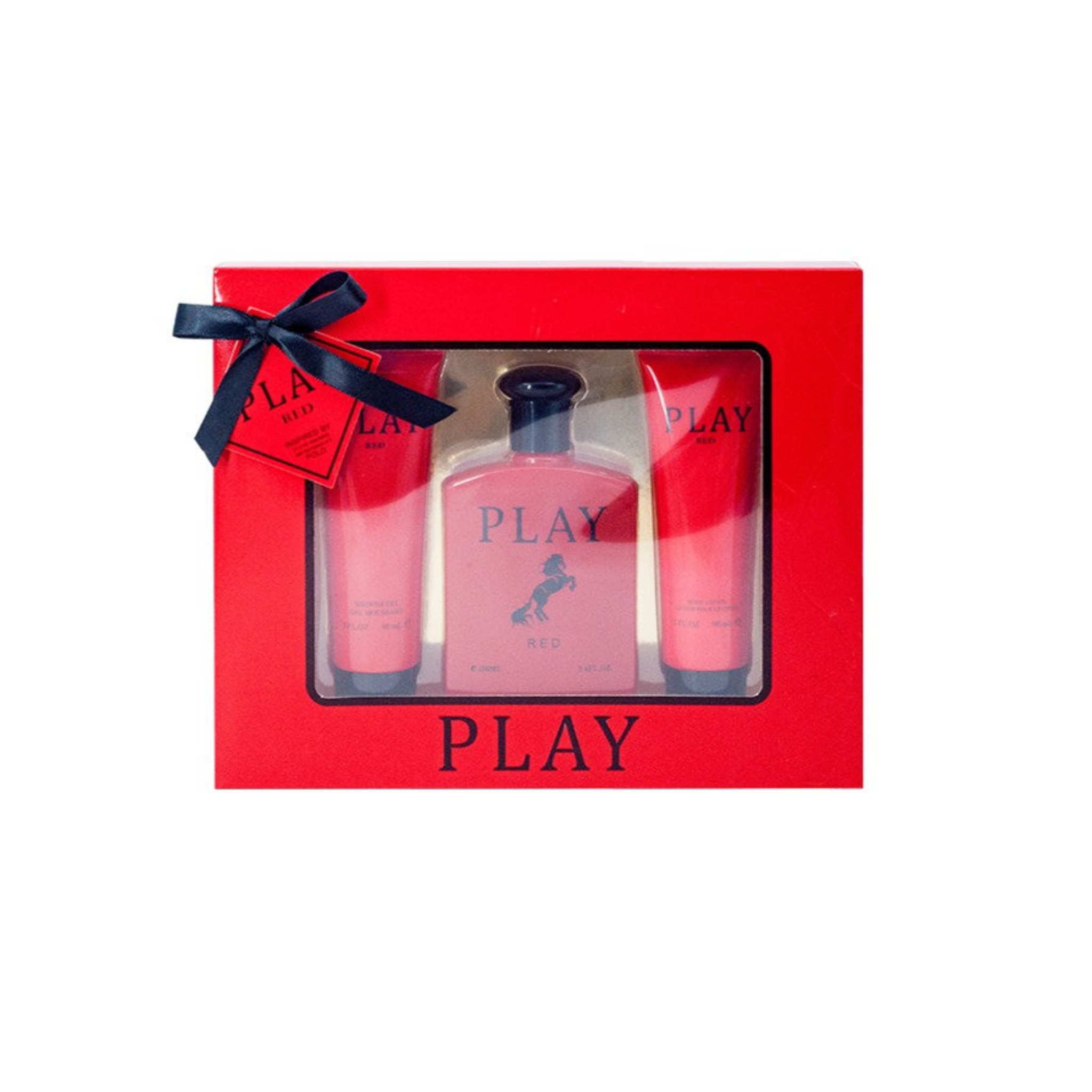 fragrance gift set in a red gift box with a bow on a white background. This fragrance gift set is called 'Play Red' by EBC Collection Brand.