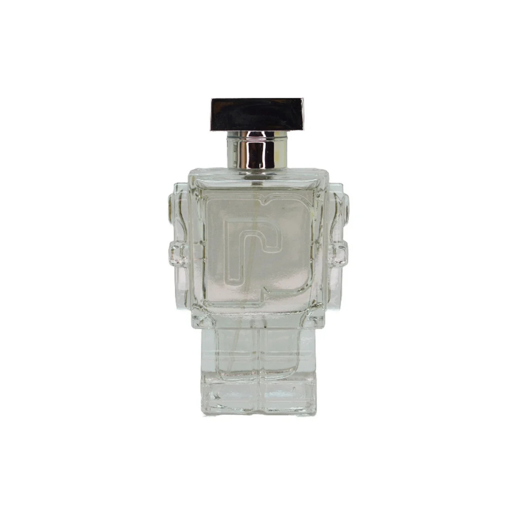 Clear glass perfume bottle with black cap on a white background. Perfume bottle in the shape of a robot apart of the EBC Collection Perfumes.
