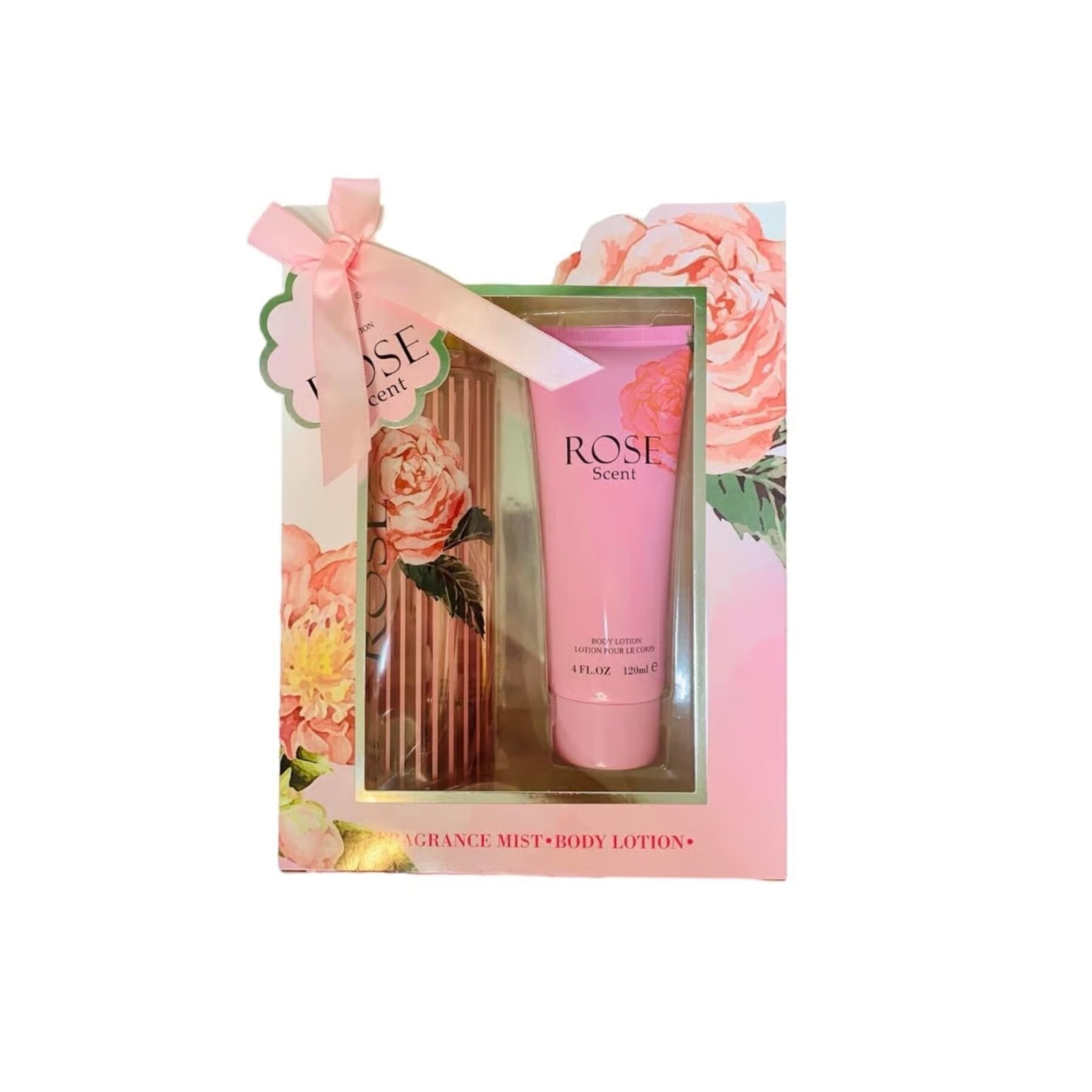 Rose-scented fragrance mist and body lotion set in a decorative box with floral design. This product is from EBC Collection brand.