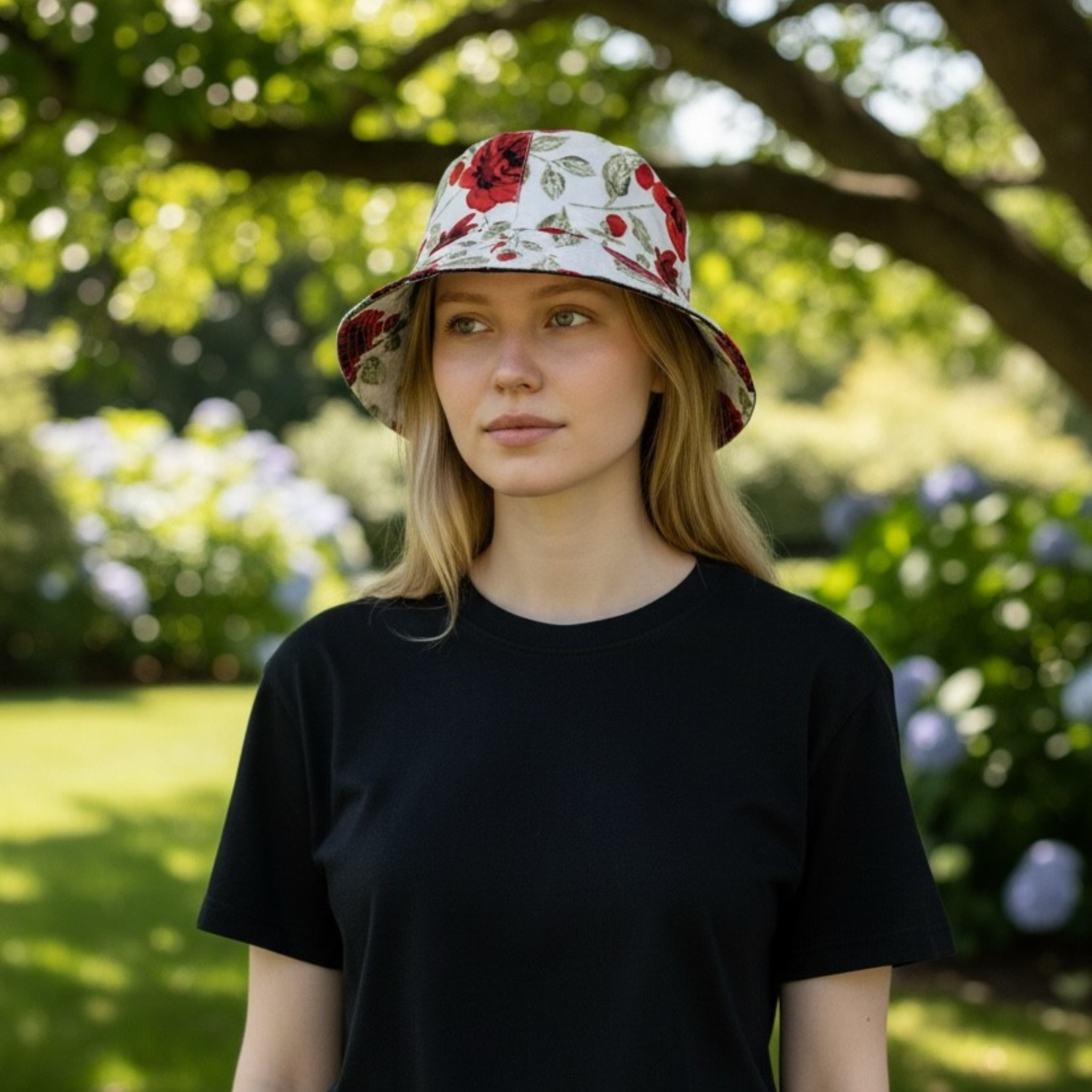 Person wearing a floral bucket hat in a park setting. This image showcases the bucket hat as that is the product that is being sold.