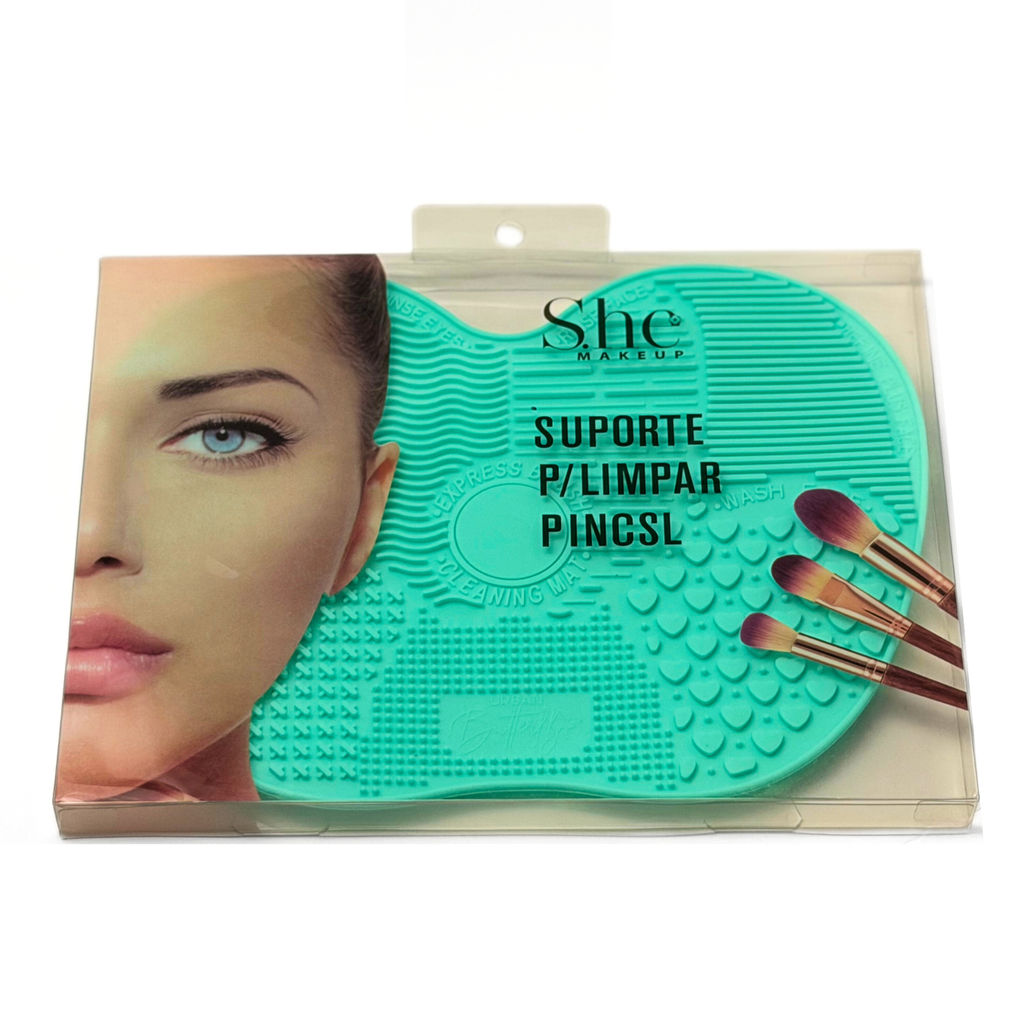 She Makeup brush cleaning mat in color teal on a white background