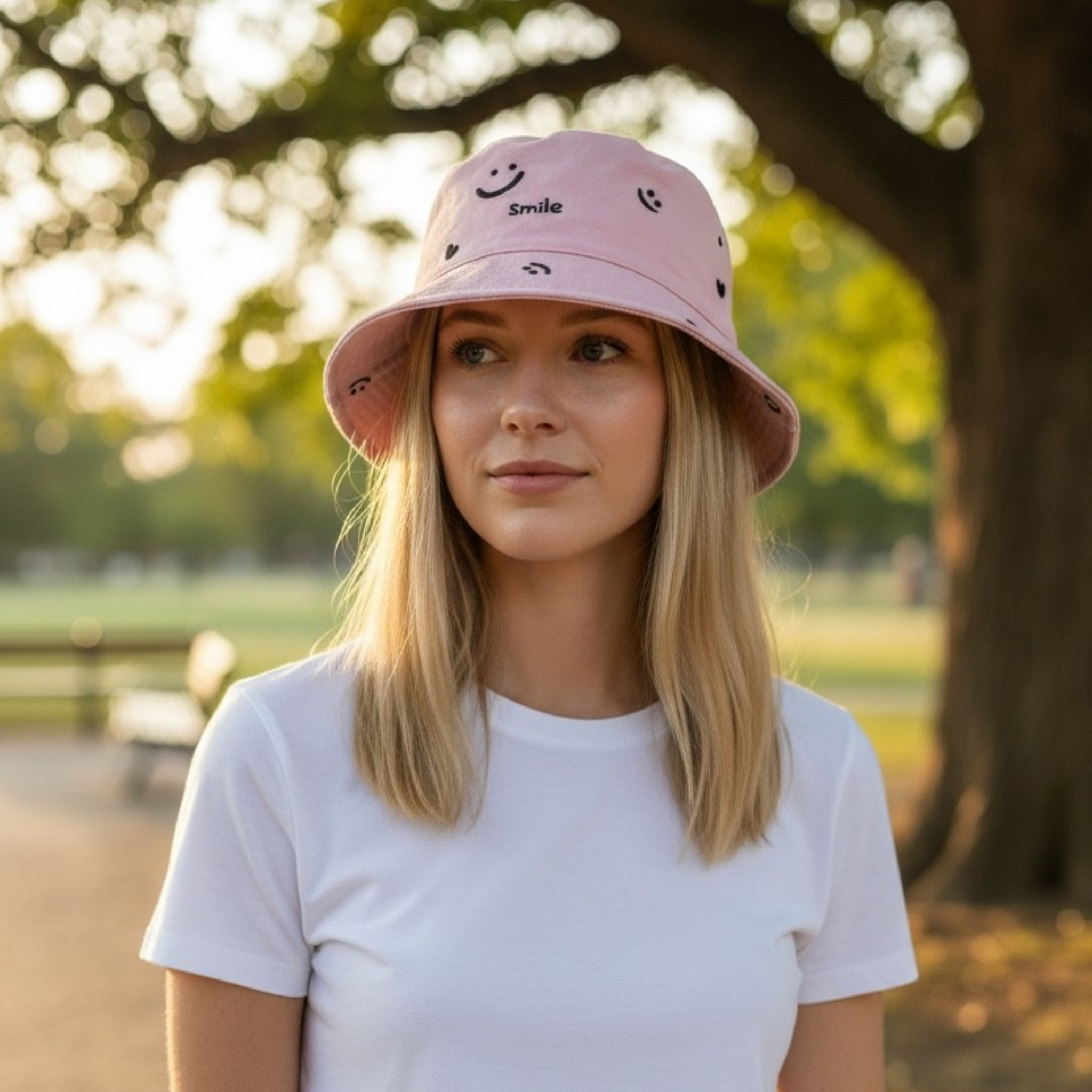 Woman wearing a pink bucket hat with smiley face patterns in a park setting
