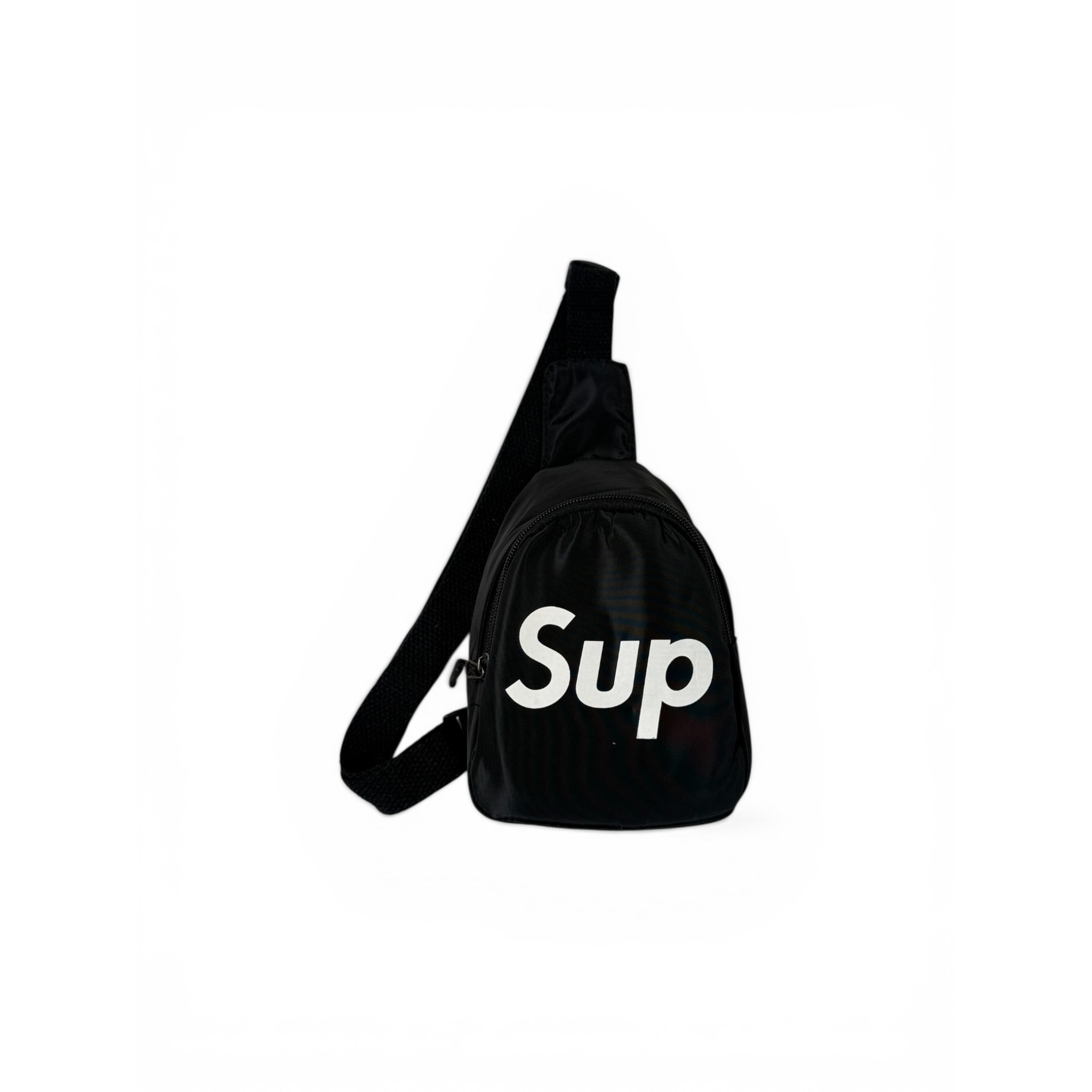 Black sling bag with 'Sup' text on a white background