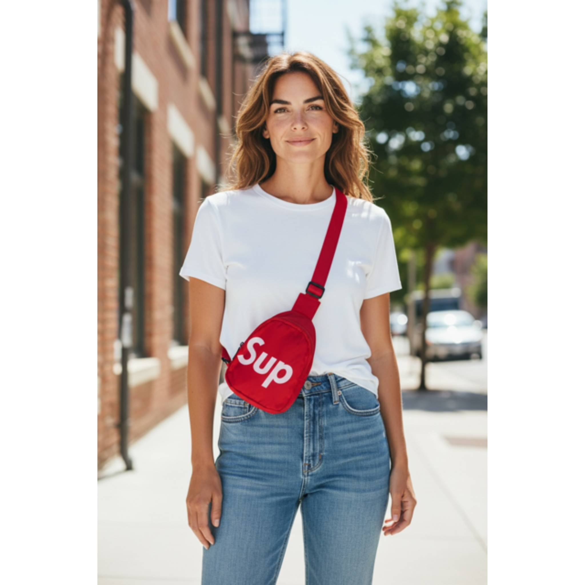 Woman wearing a white t-shirt and red sling bag with the brand 'Sup' text on it, with a background of a city street.