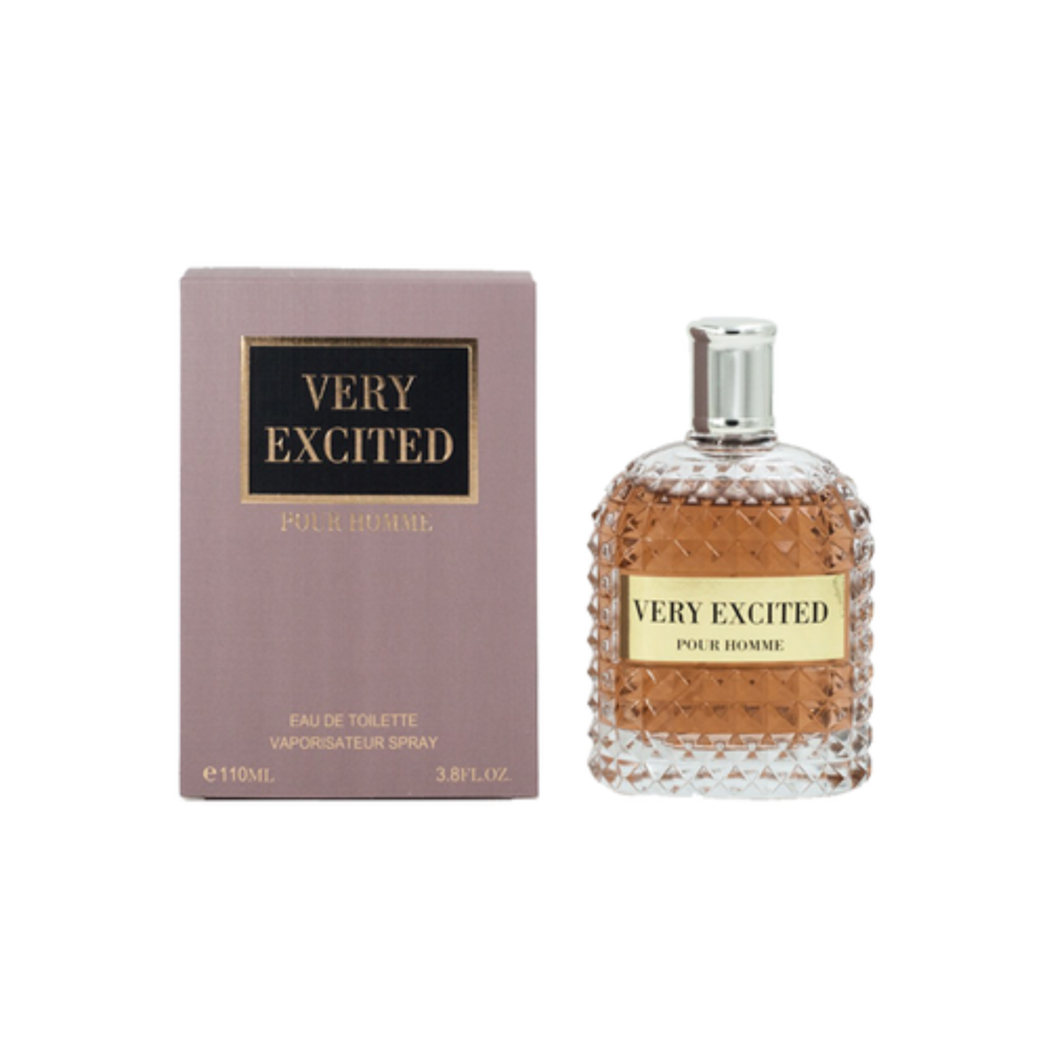 Perfume bottle and packaging labeled 'Very Excited' on a white background. This perfume is called Very Excited Pour Homme from the brand EBC Collection.