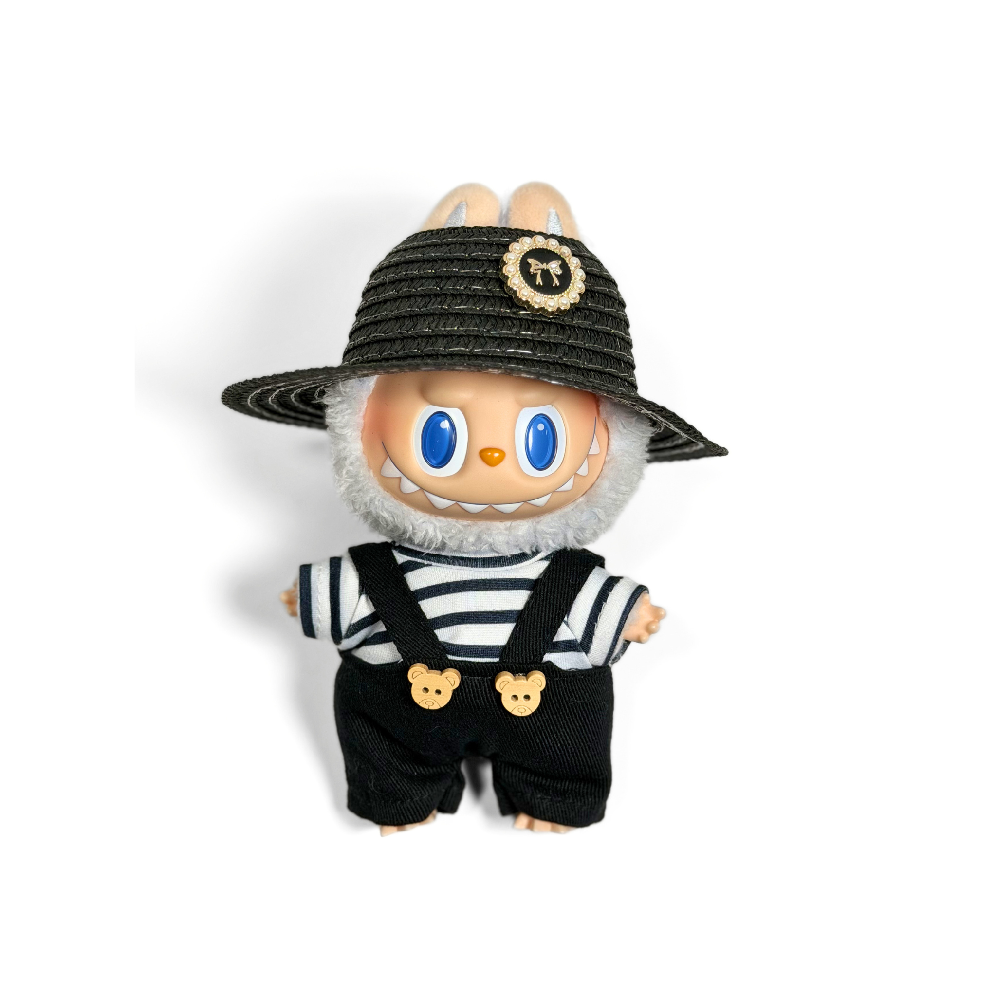 Bubu Outfit: Black Straw Hat and Striped Overalls Set