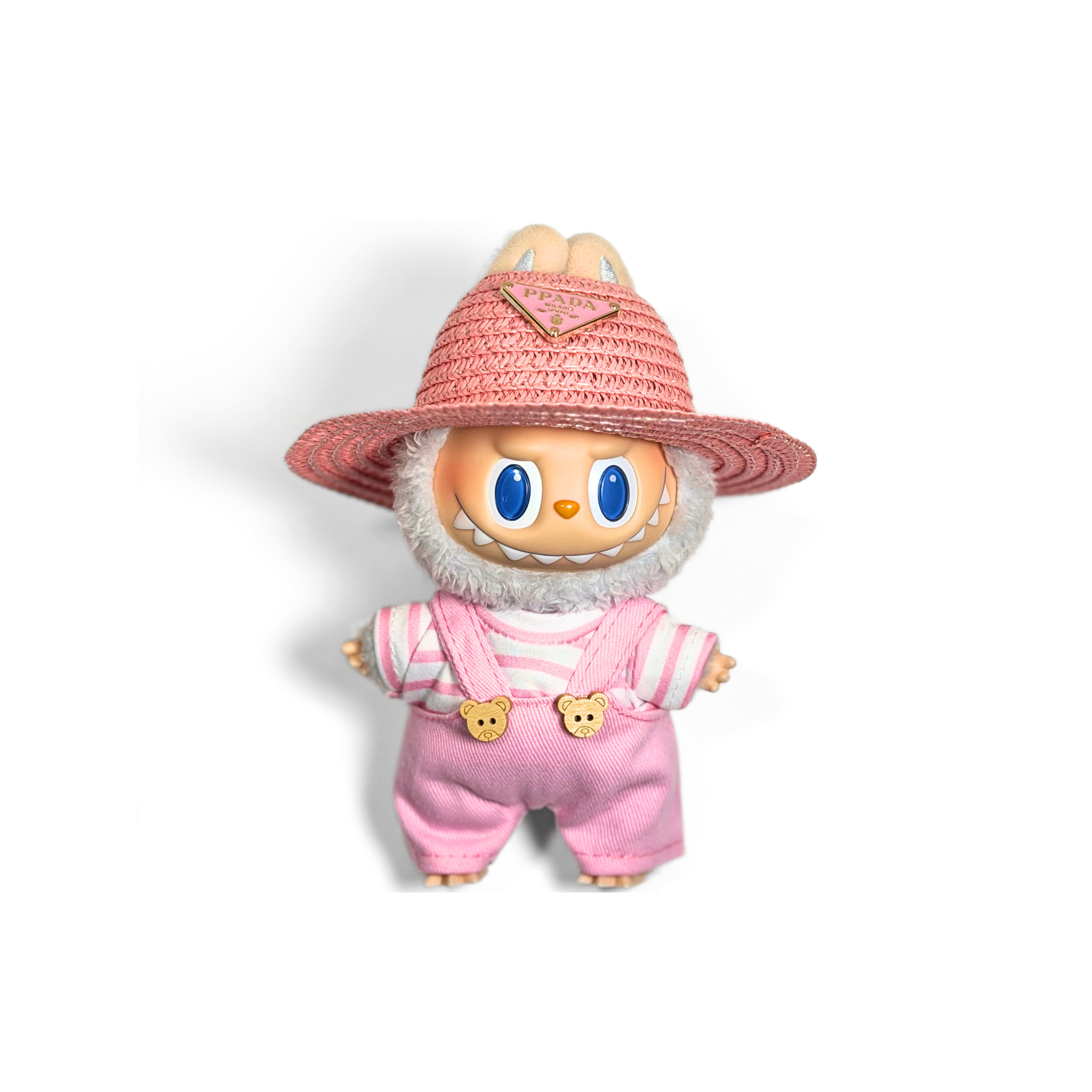 Bubu Pink Straw Hat and Pink Bear Overalls Set