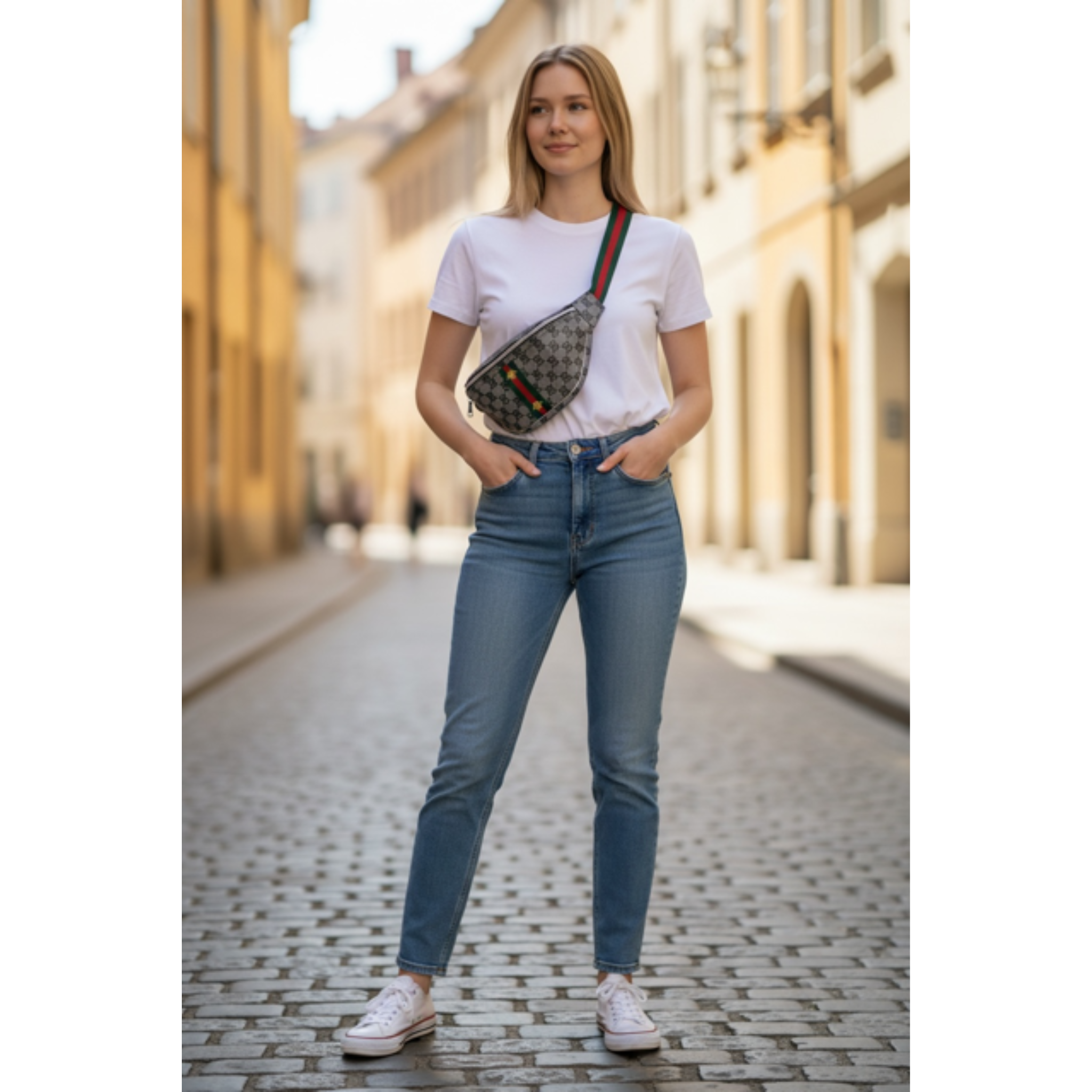 Woman wearing a white t-shirt and blue jeans, with a crossbody waist bag in color gray. The bag has two small embroider yellow bees over a red and green stripe on the center. The red and Green stripe colorway is present on the strap of the bag. The woman is standing on an empty street.