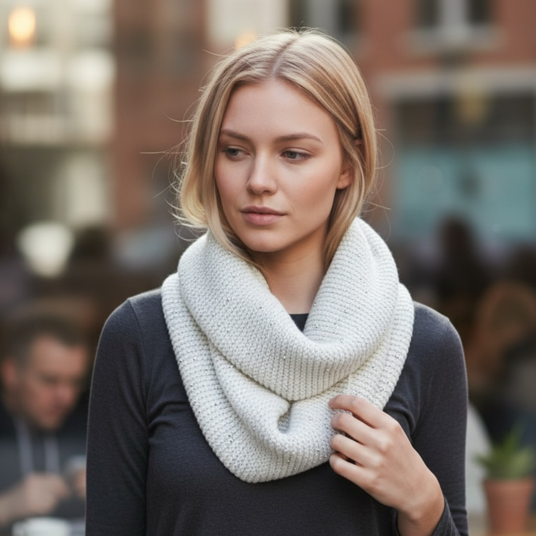 Woman wearing a white scarf
