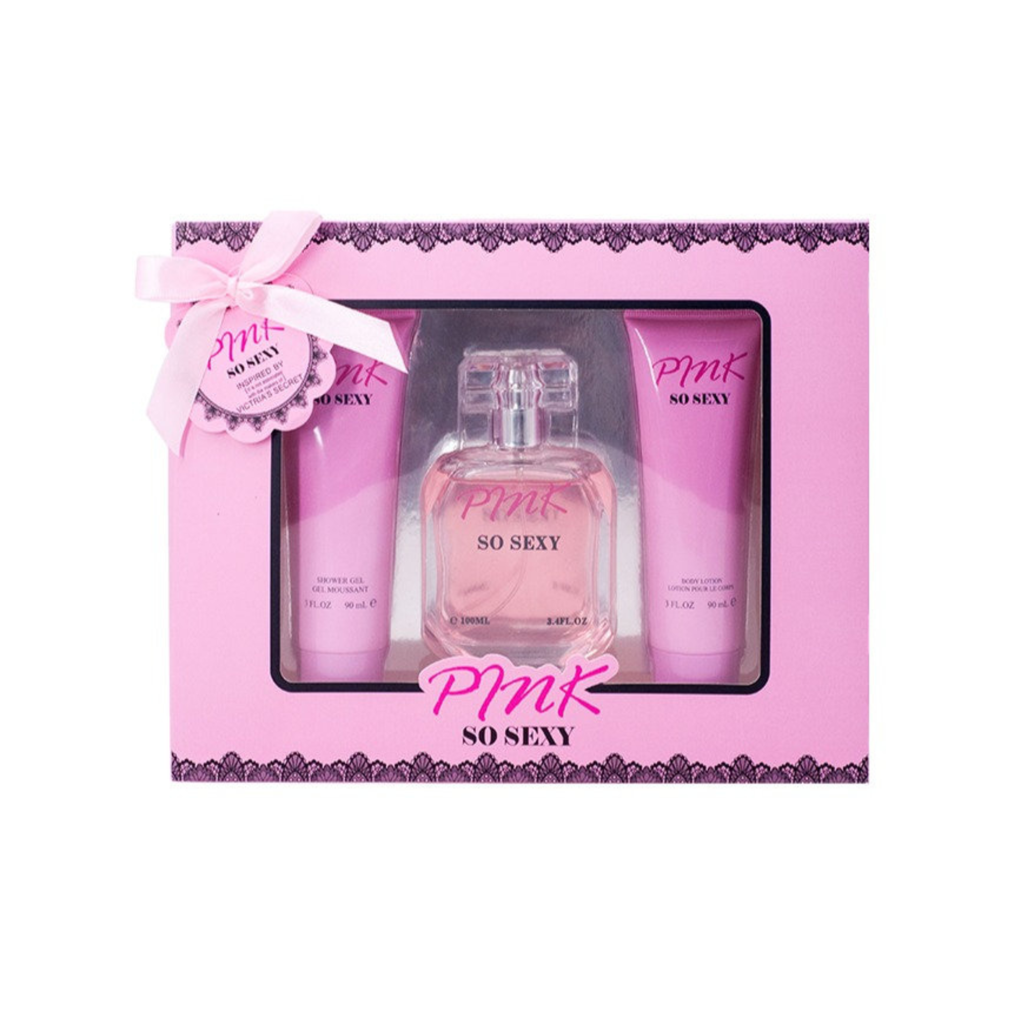 Pink 'So Sexy' perfume set with bottles and a box on a white background. This fragrance is pink so sexy from ebc collection brand.