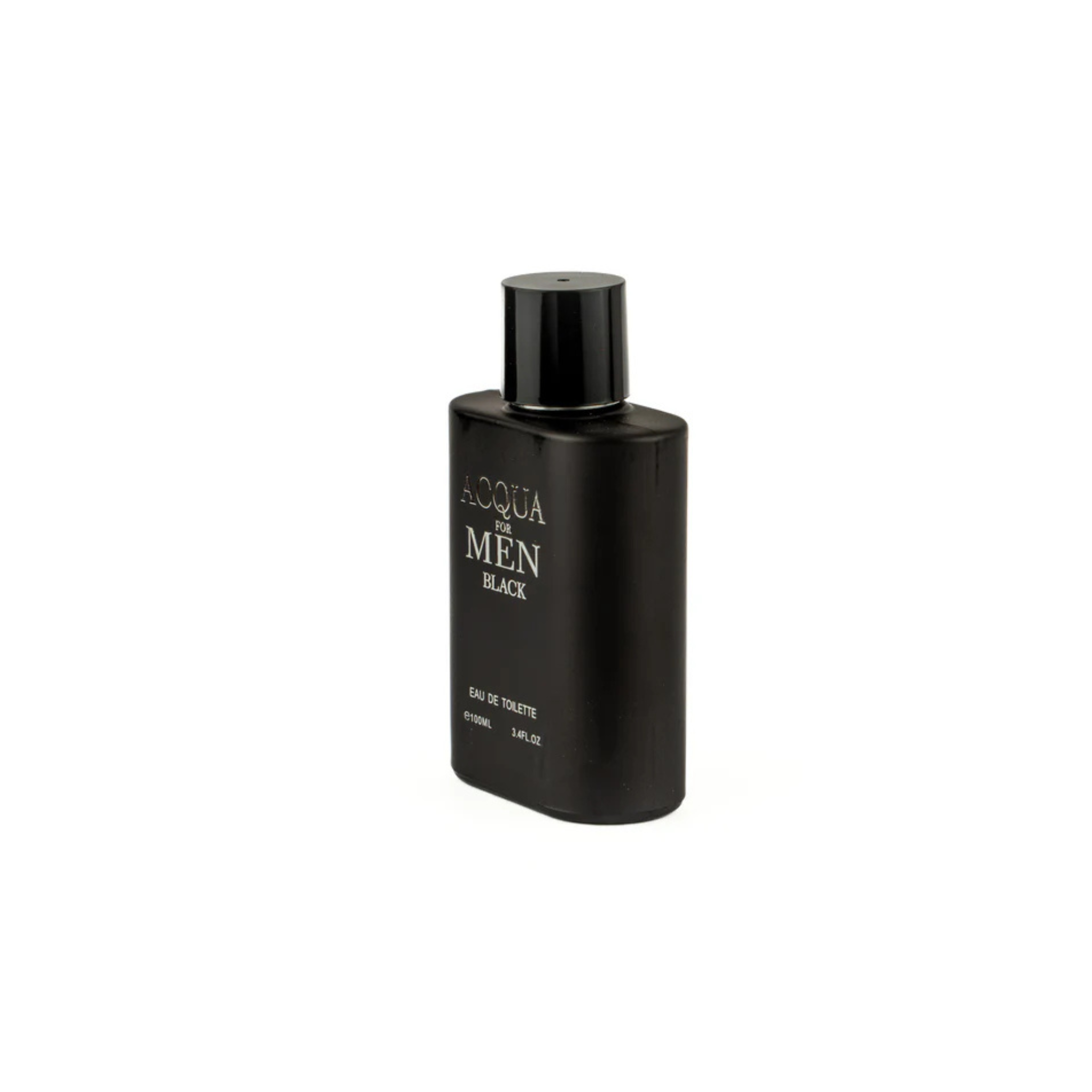 Black men's cologne bottle with the text Acqua for Men Black on a white background. This fragrance is from EBC Collection.