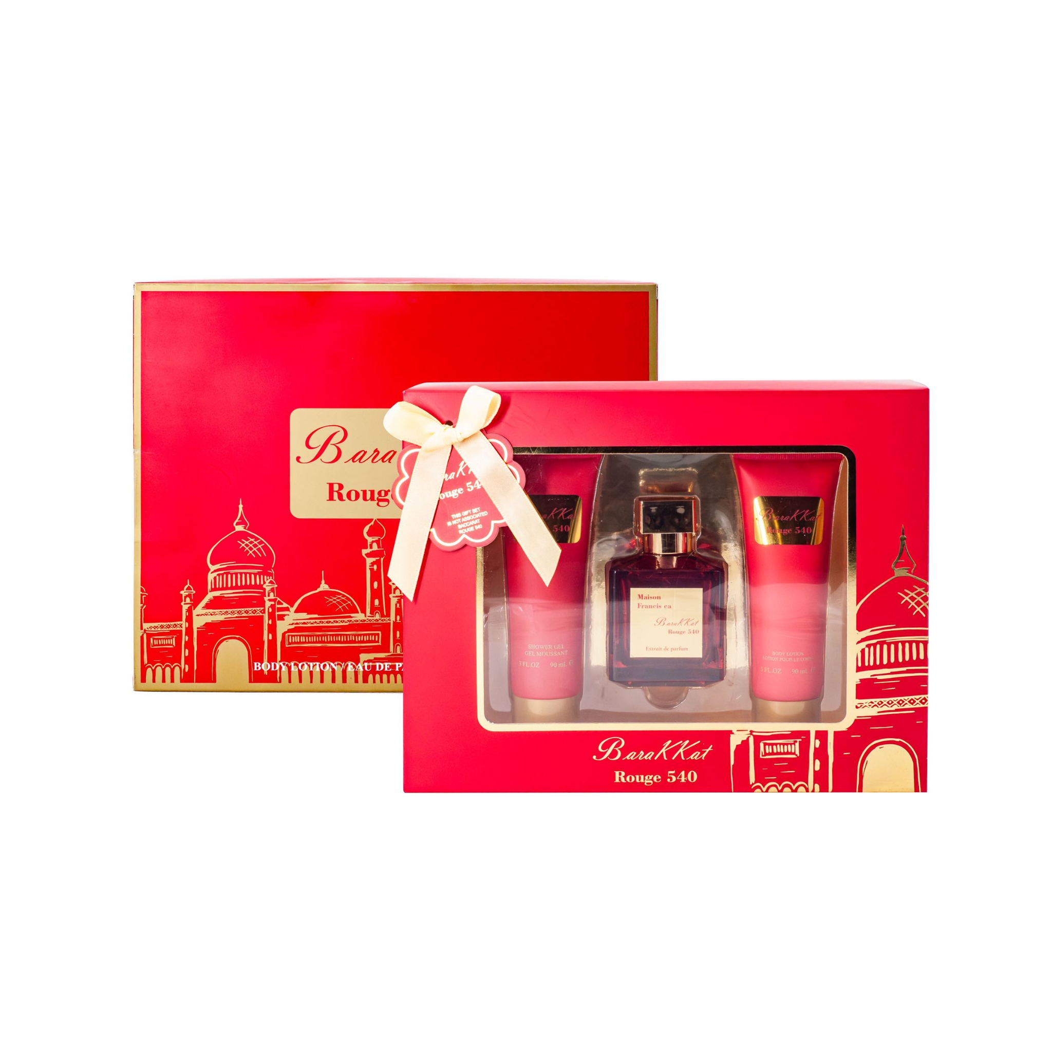 Barakkat Rouge 540 perfume set in a red gift box with a yellow bow on a white background. This is a product from EBC Collection brand.
