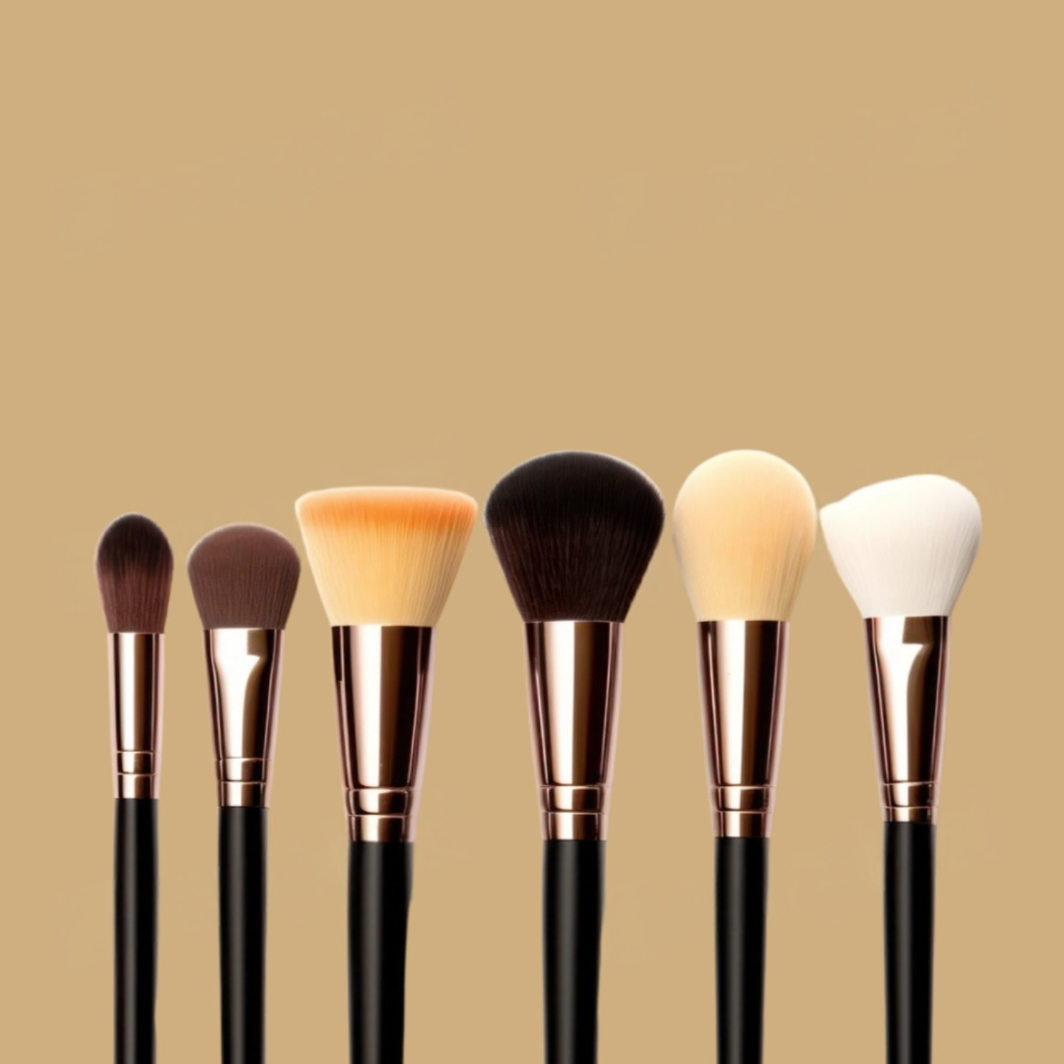 Set of makeup brushes with black handles and rose gold ferrules on a beige background