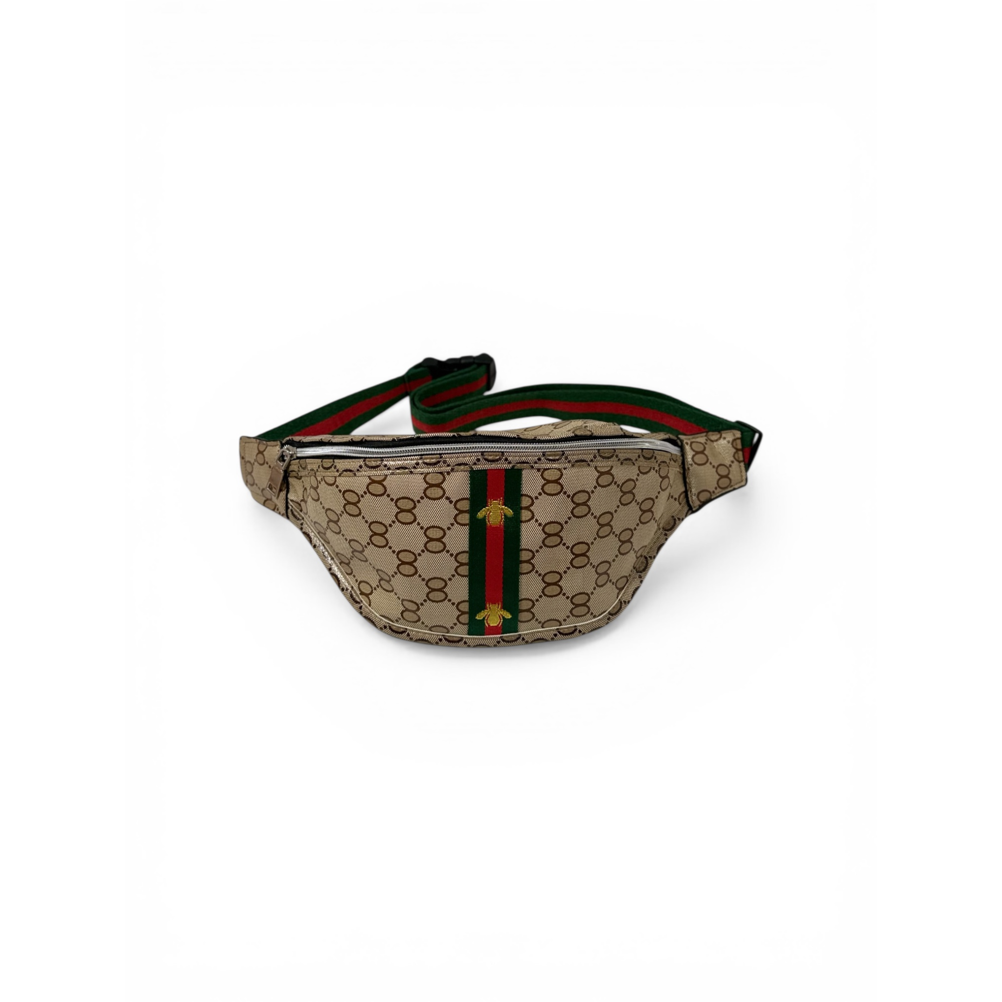 Beige belt bag with green and red stripe on a white background