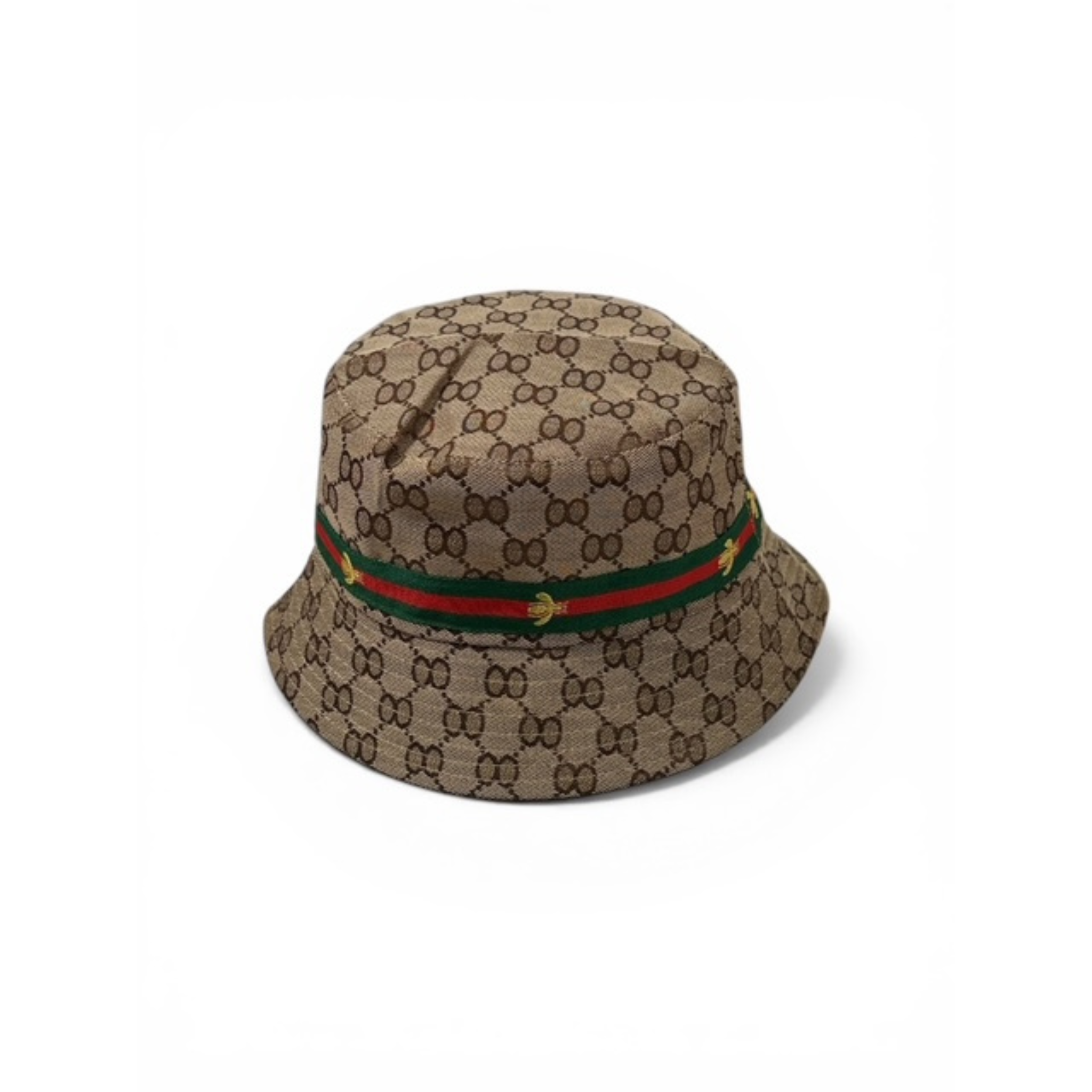 Beige Bucket hat with small yellow bee logo over red and green color stripe on a white background