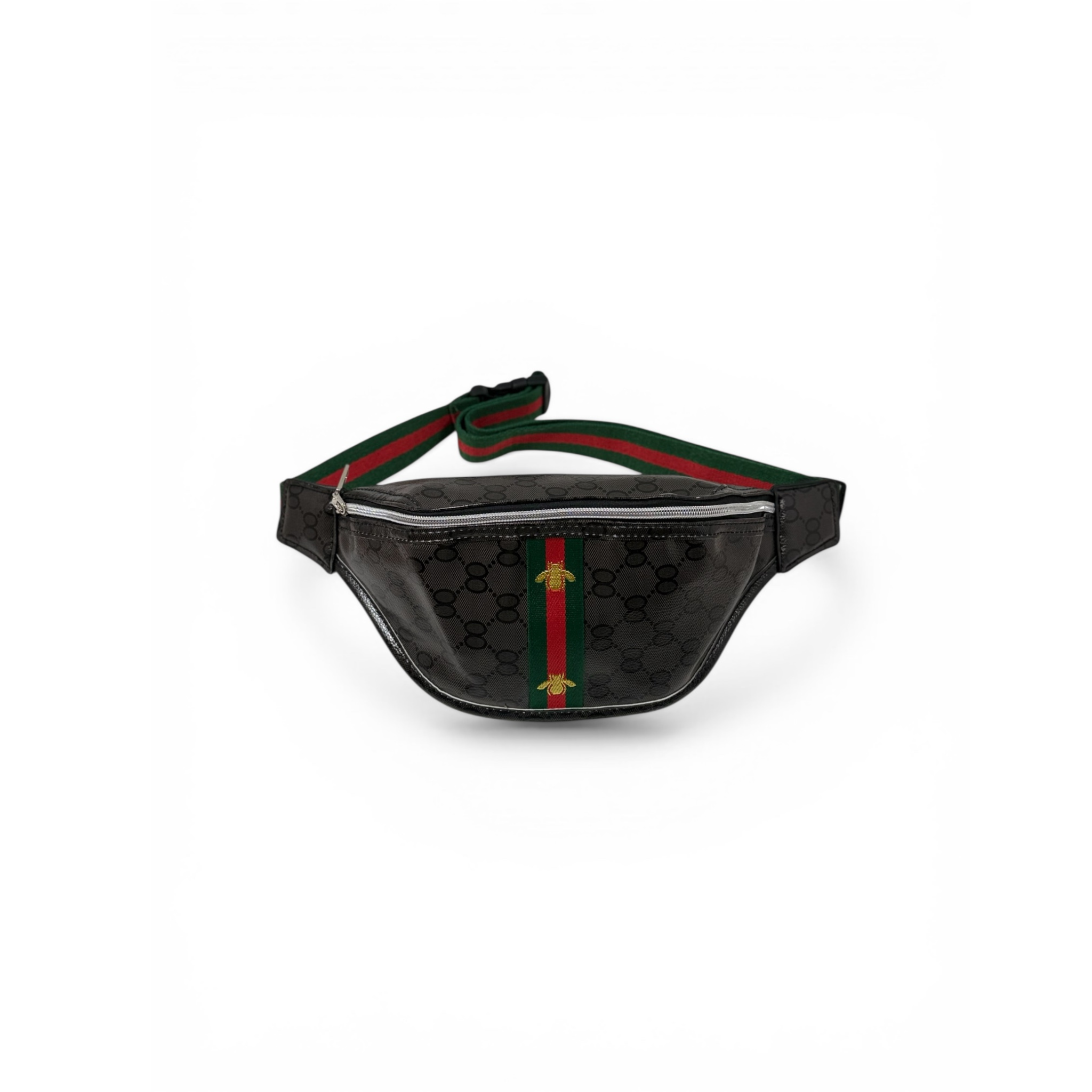 Black belt bag with green and red accents on a white background. The bag has two embroider yellow bees on the center. on top of a red and green stripe. The strap also has red and green stripes. 