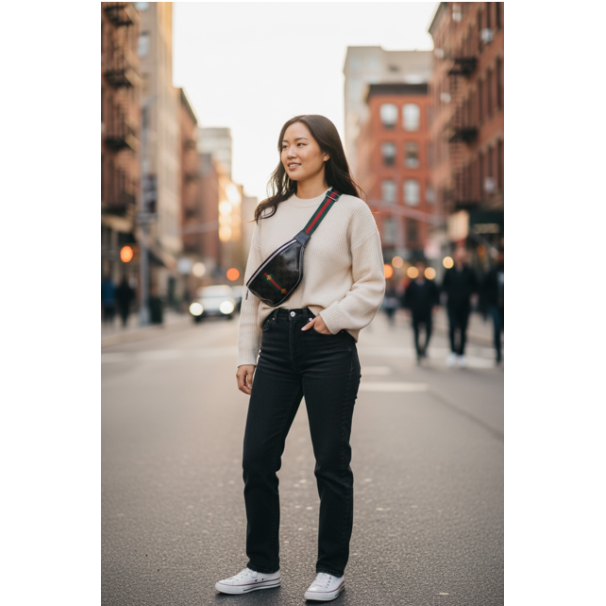 Woman standing on a city street wearing a white sweater, black jeans, and a black waist bag. The waist bag has a strap with the colors red and green. The center of the crossbody waist bag has three stripes in the center two in green and one in red. Along with two embroider small yellow bee logo right over the stripes in the center. 