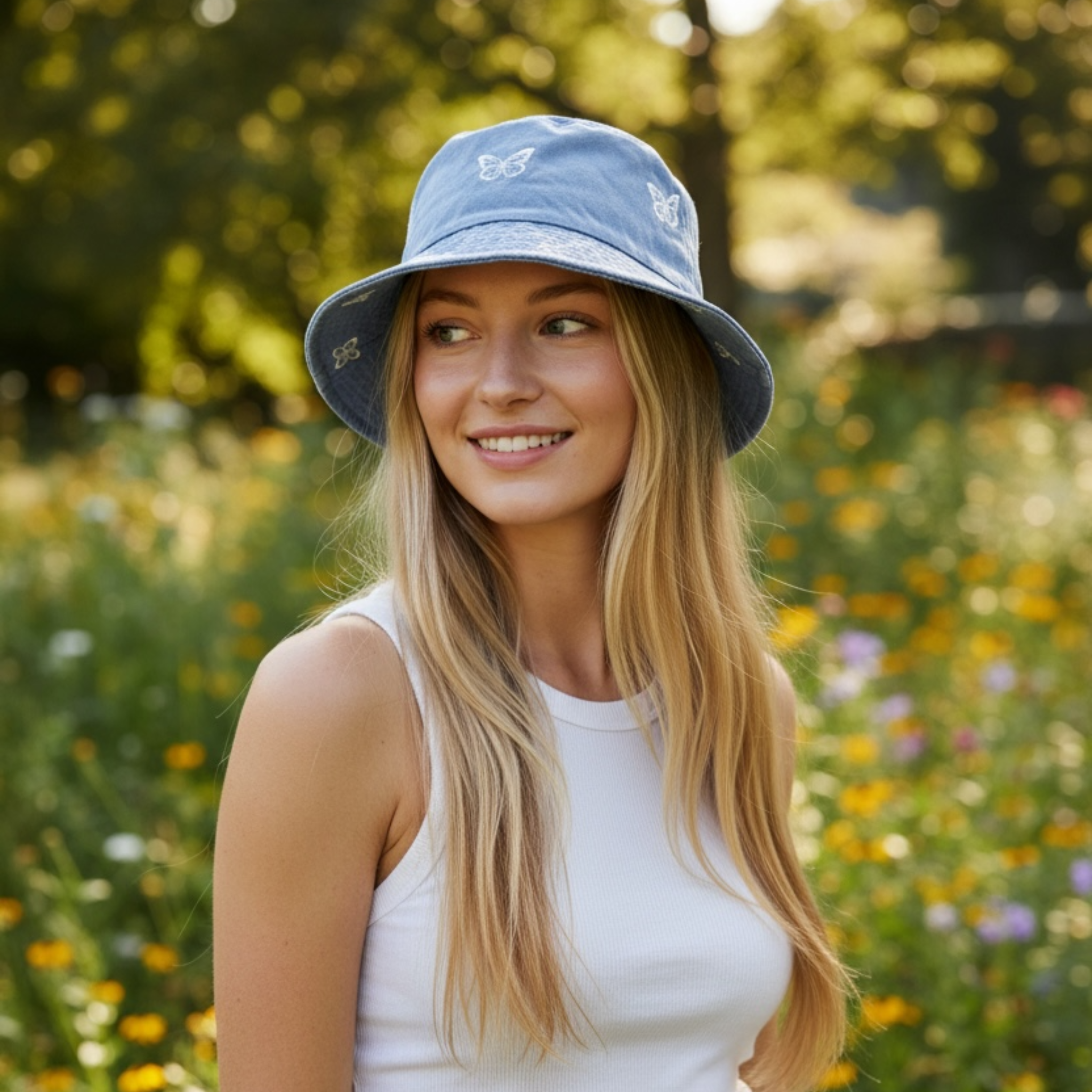 Woman wearing a blue bucket hat in a field of flowers. The bucket has butterfly shaped patterns.