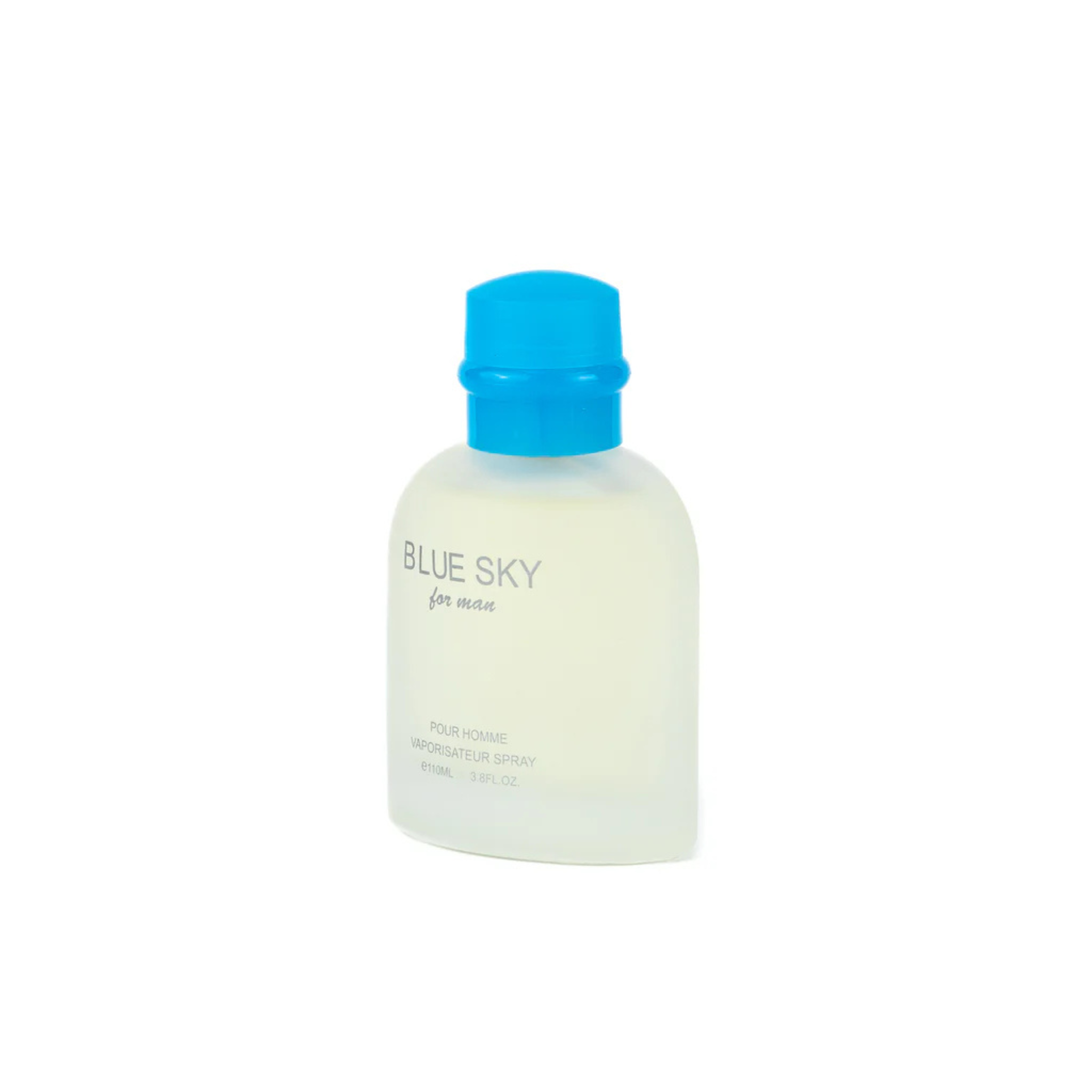 Bottle of 'Blue Sky' for man perfume bottle with a blue cap on a white background. This fragrance is from EBC Collection.