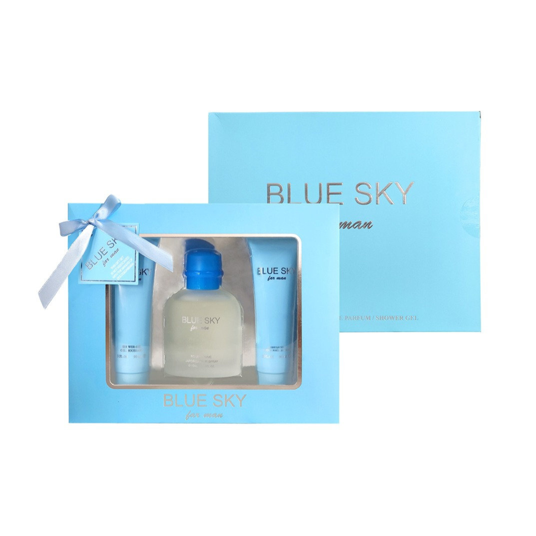 Blue Sky men's fragrance gift set with bottles and a box on a white background. This is a gift set from EBC Collection Brand.