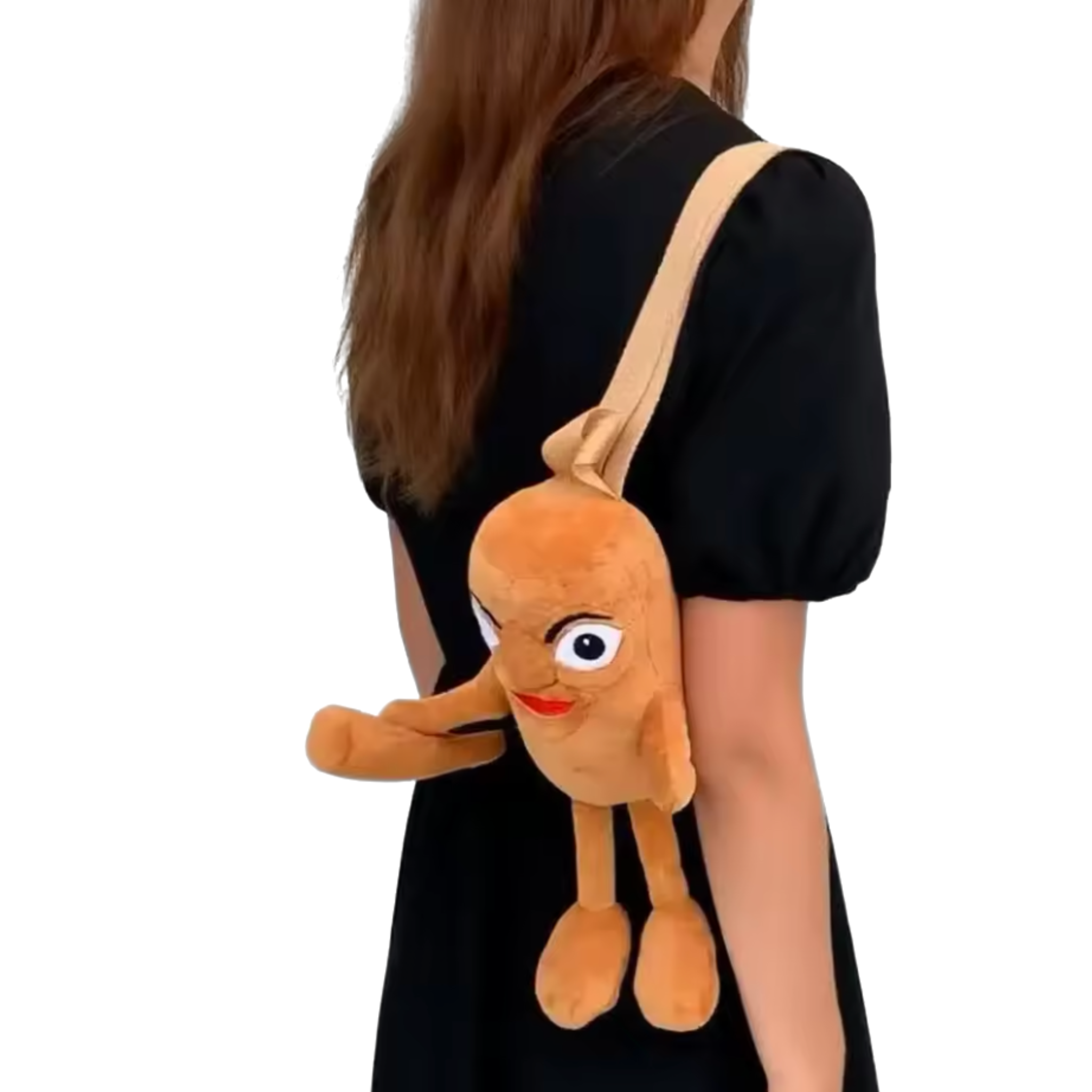 Brainrot Person wearing a plush bag shaped like a cartoon character on a white background