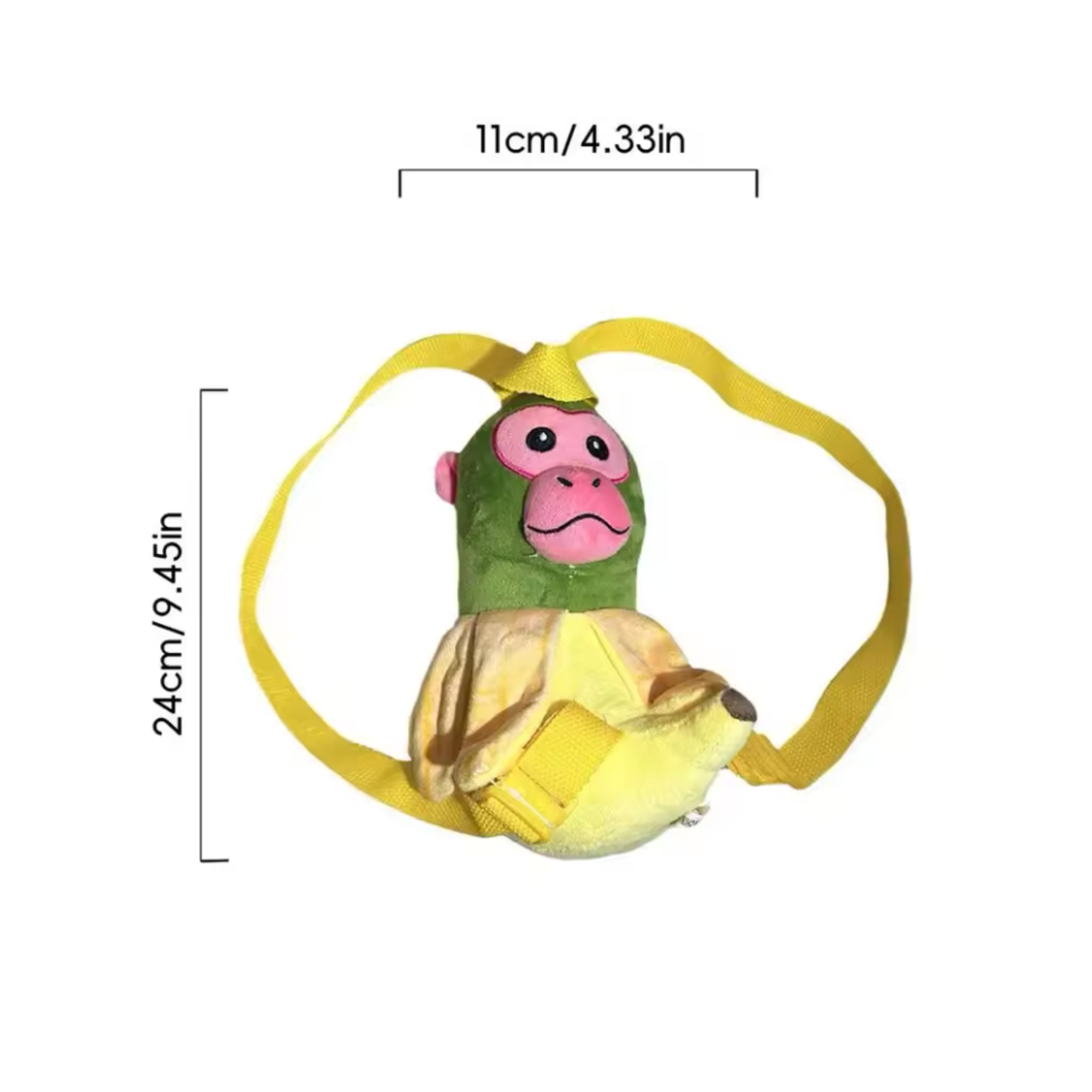 Brainrot Plush toy shaped like a banana with a monkey face, dimensions indicated on a white background.