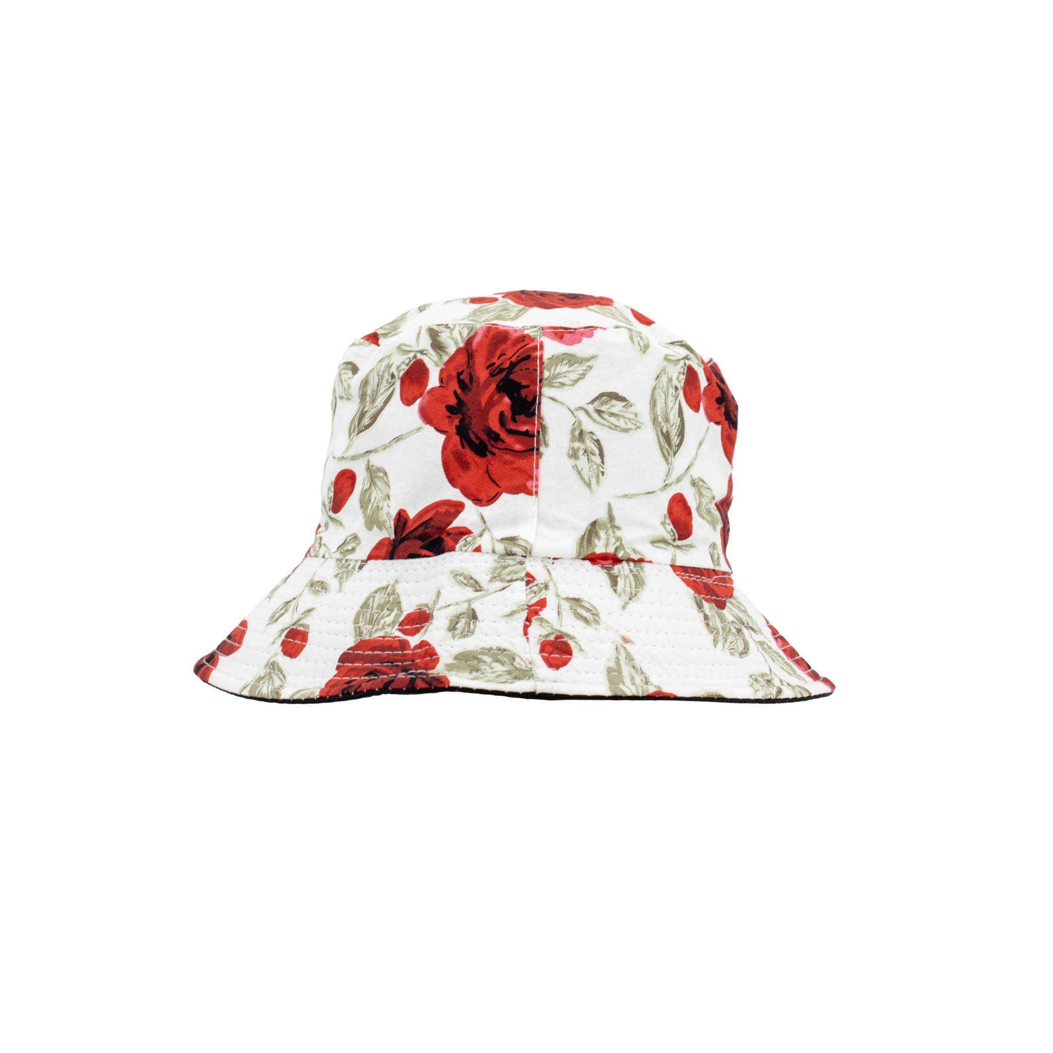 Floral-patterned bucket hat with red flowers on a white background