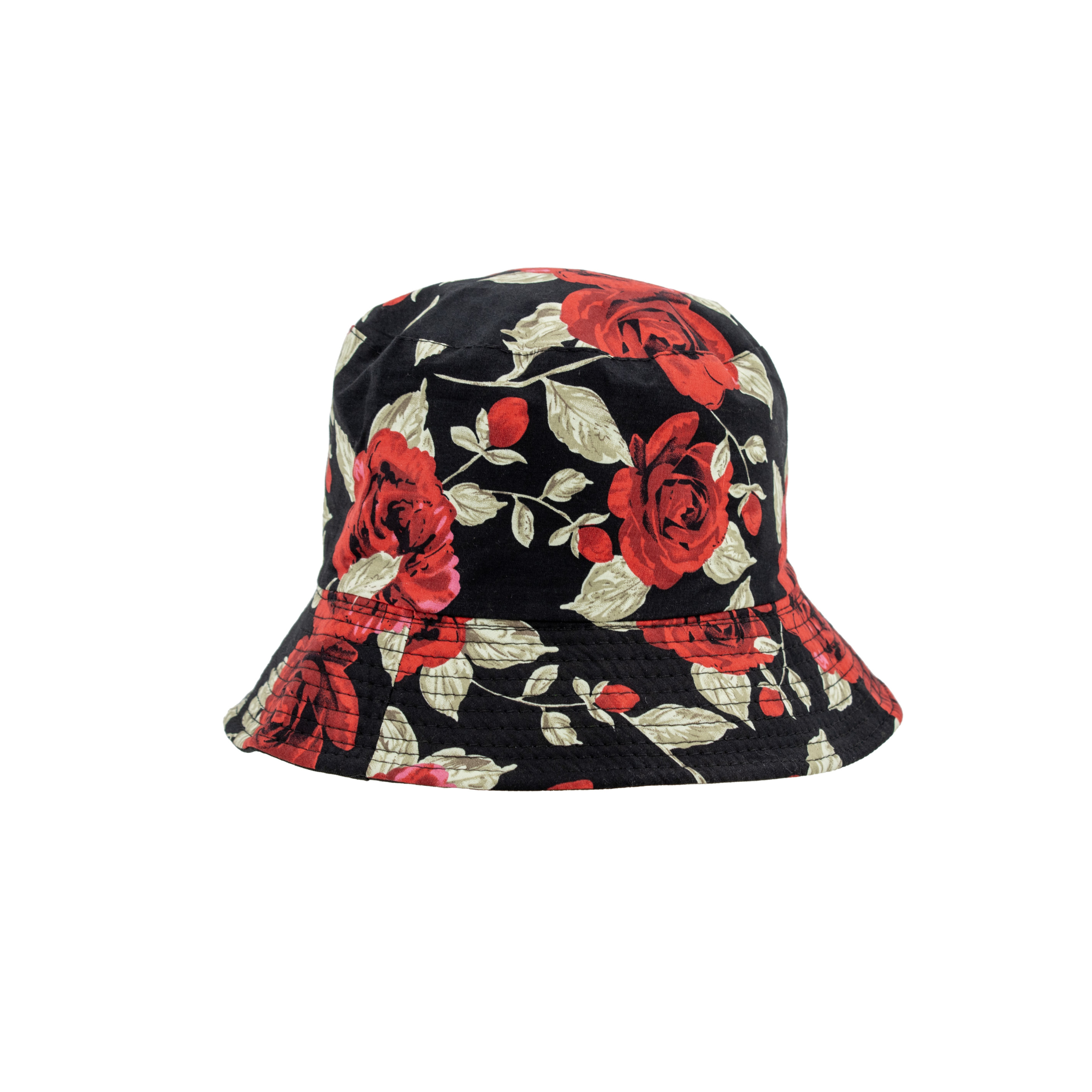Floral bucket hat with red roses on a black background