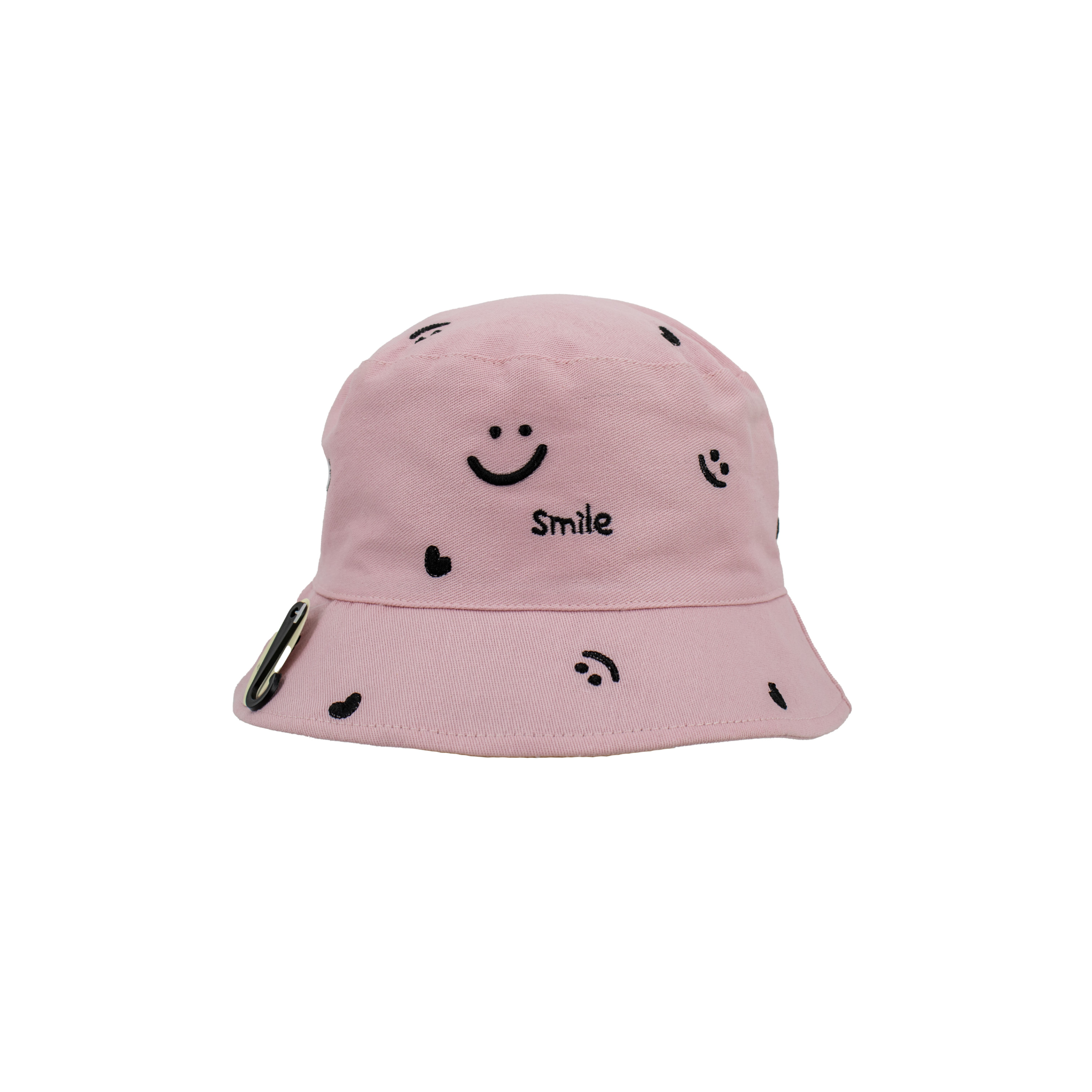 Pink bucket hat with smiley face print designs on a white background
