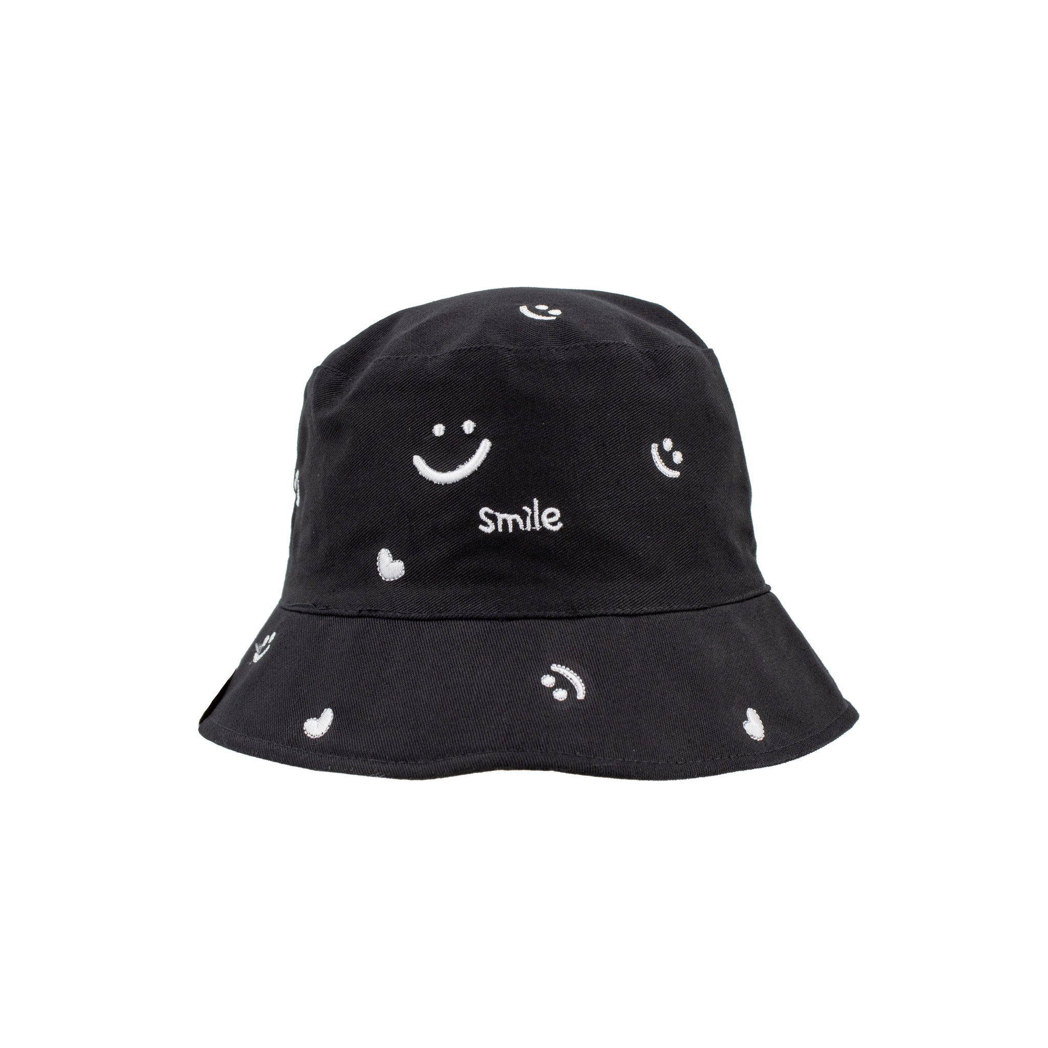 Black bucket hat with smiley face designs on a white background