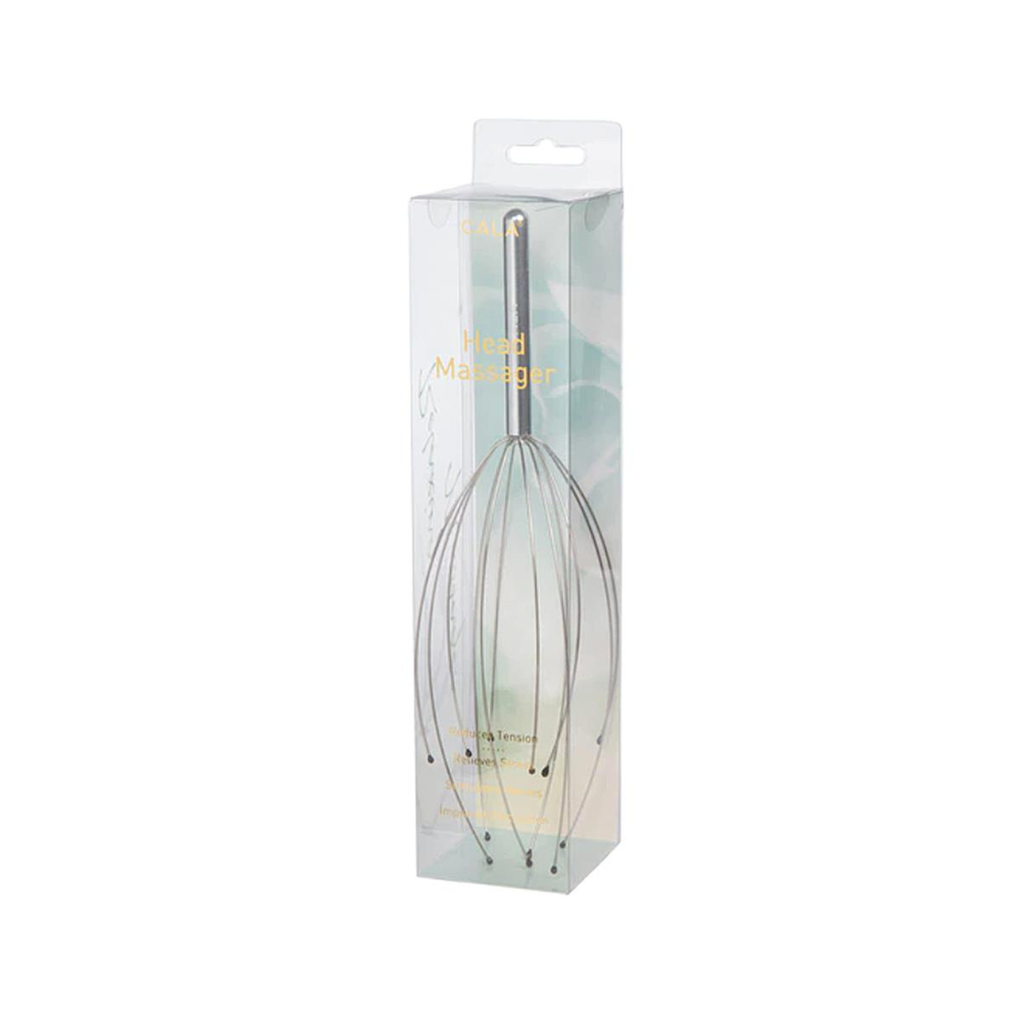 Celavi head massager in a clear packaging box on a white background