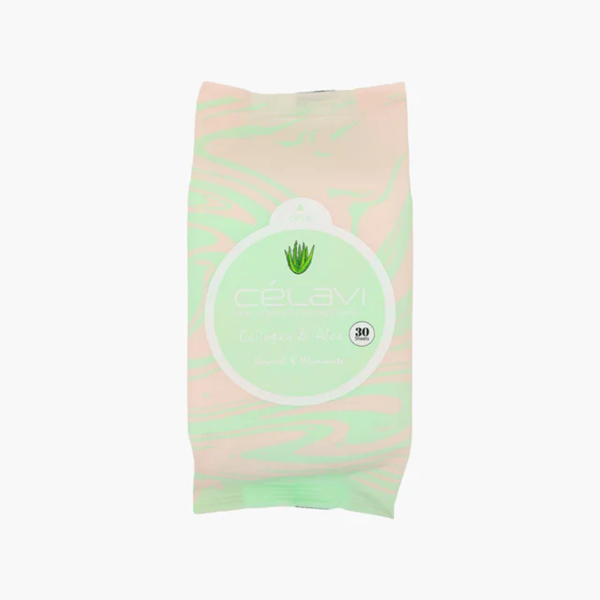 Pack of wipes with collagen and aloe vera infused make-up remover wipes design on a white background