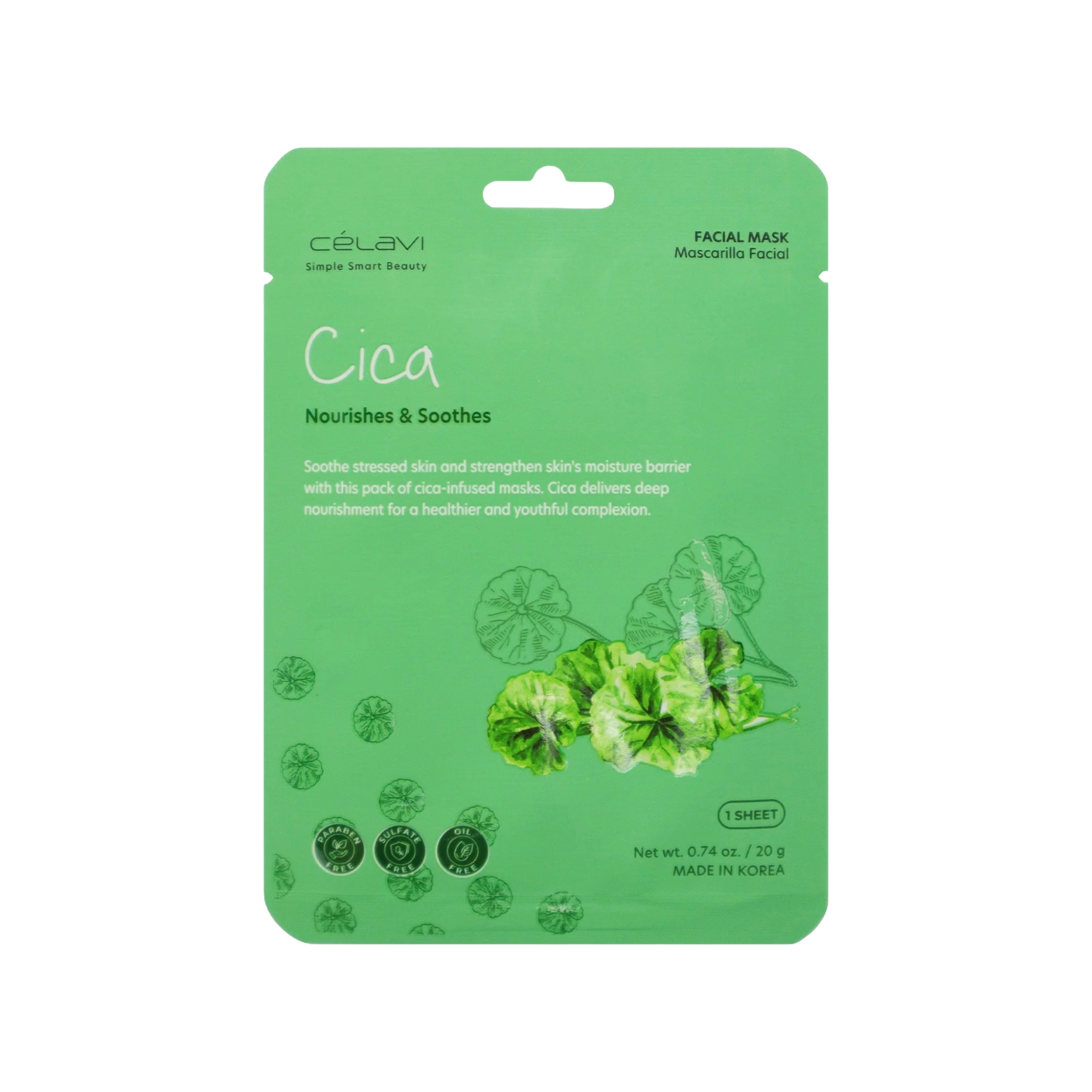 Celavi Facial mask infused with Cica. Green Packaging wit Celavi branding. Packiging in white background.