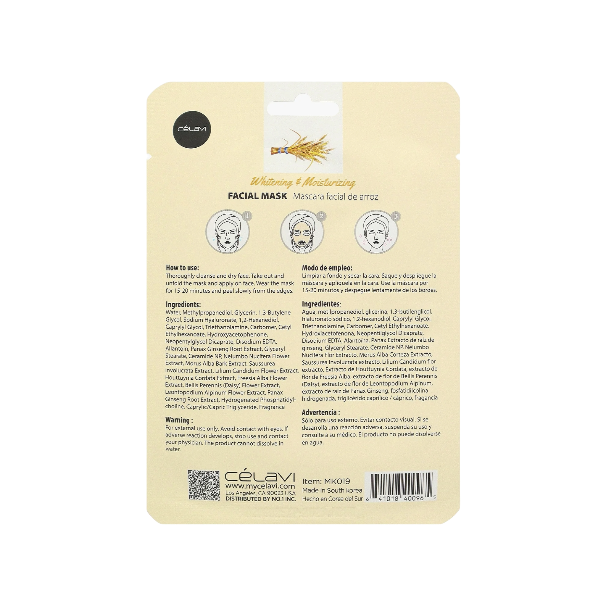 Celavi Rice Facial mask packaging with text and branding on a white background. How to use, ingredients, and warning Information.