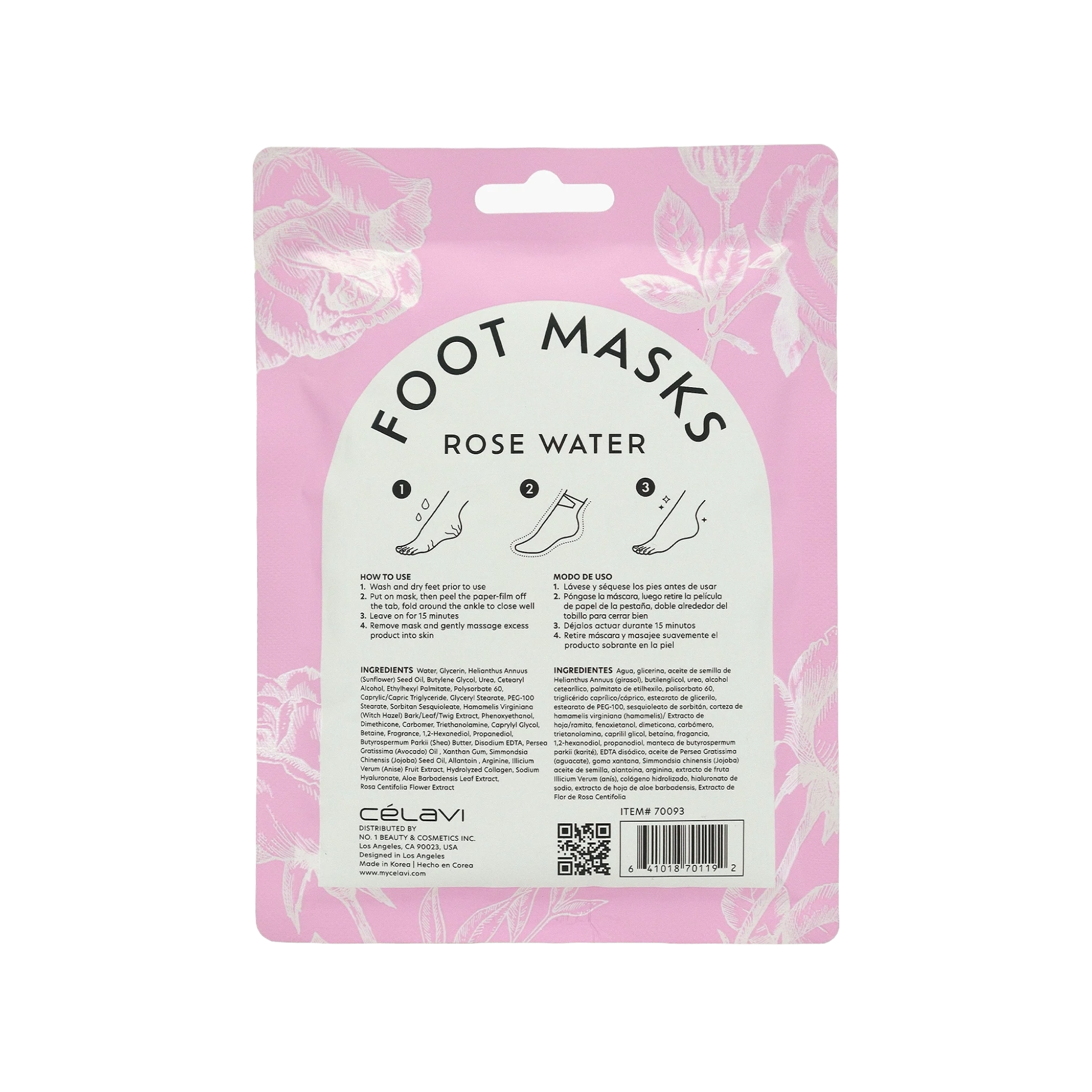 Celavi Foot Masks infused with rose water. Ingredient description. This image Showcases the back side of the packaging.