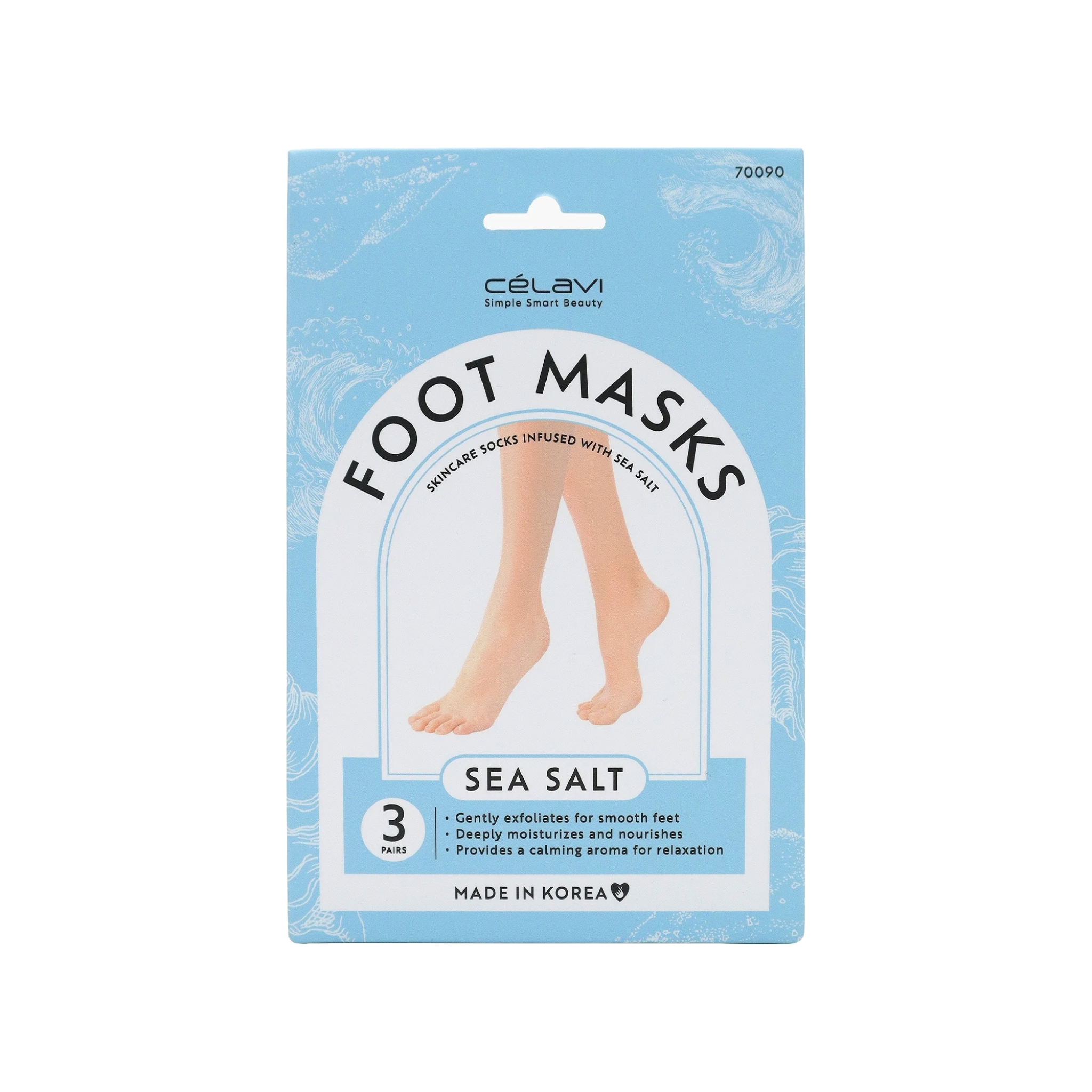 Package of Célavi foot masks with sea salt on a white background. This package includes 3 pairs. This is skincare socks infused with sea salt. 