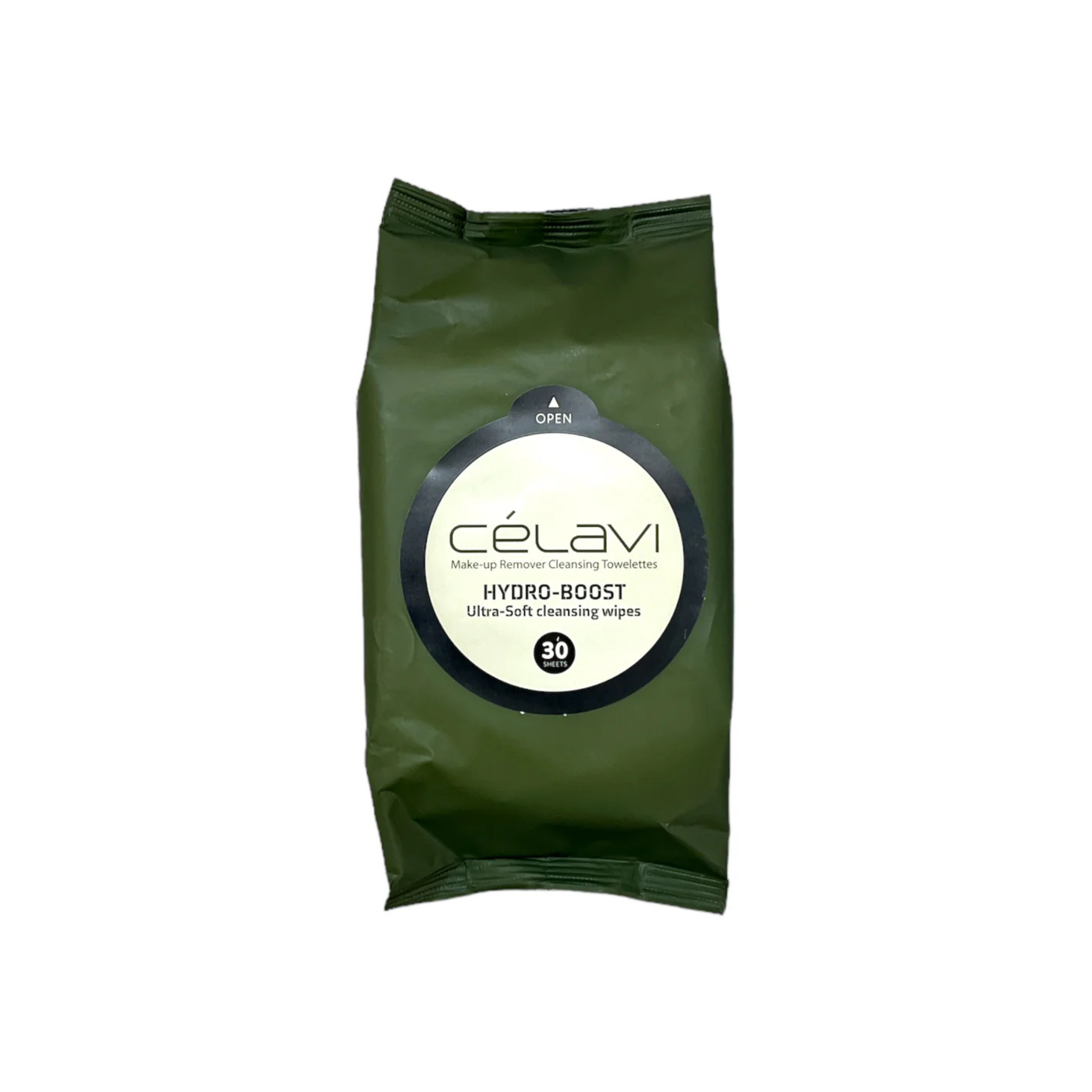 Green package of Célavi Hydro-Boost Make-up remover cleansing wipes on a white background