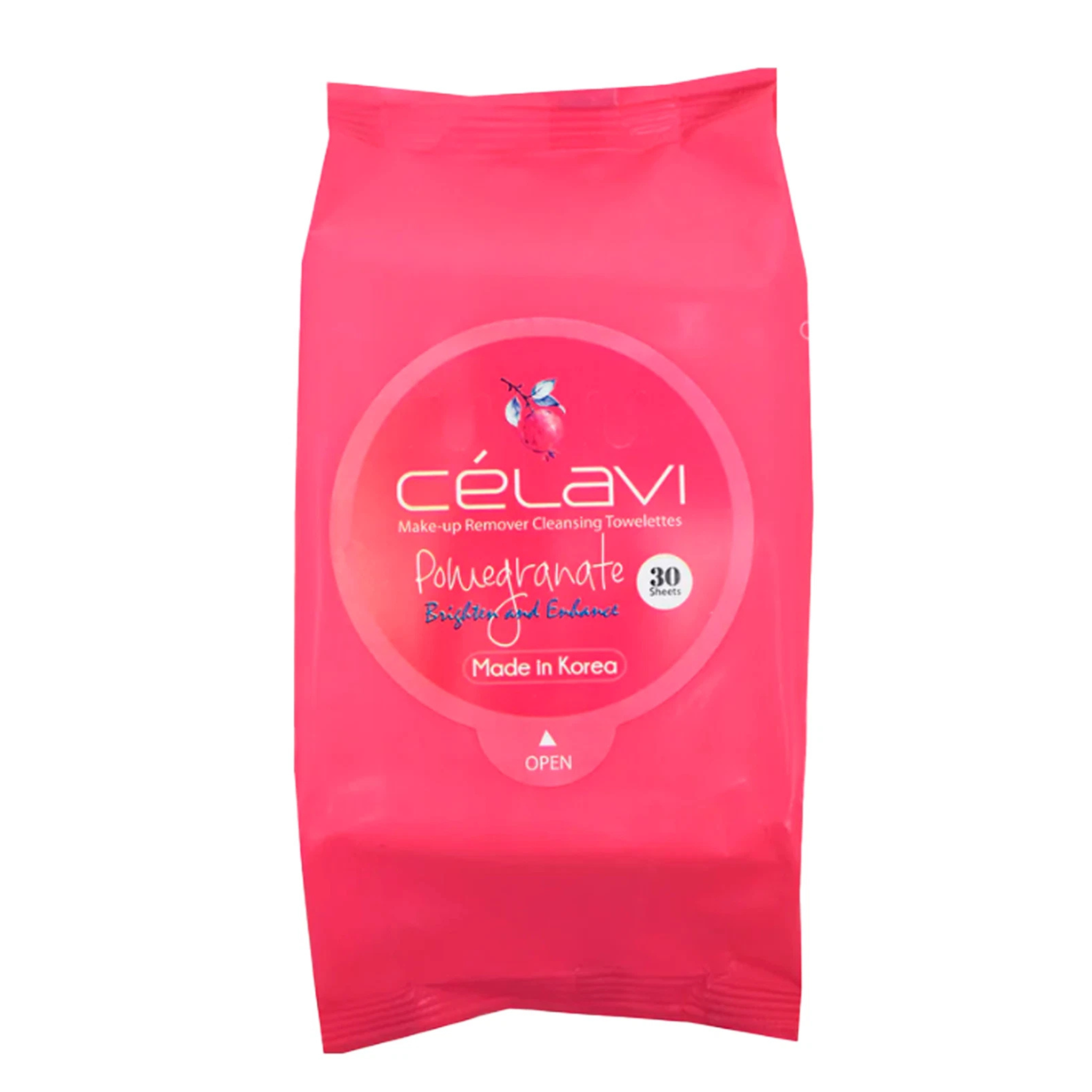 Celavi Pomegranate Make-up remover Cleansing Towelettes wth Pink package of Célavi makeup remover cleansing wipes on a white background