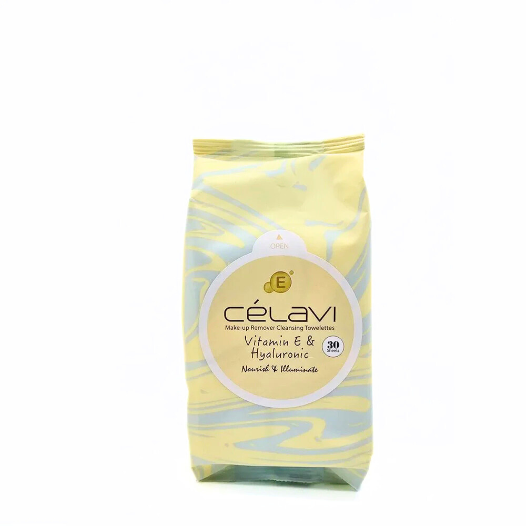 Célavi Vitamin E and Hyaluronic makeup remover cleansing towelettes packaging on a white background